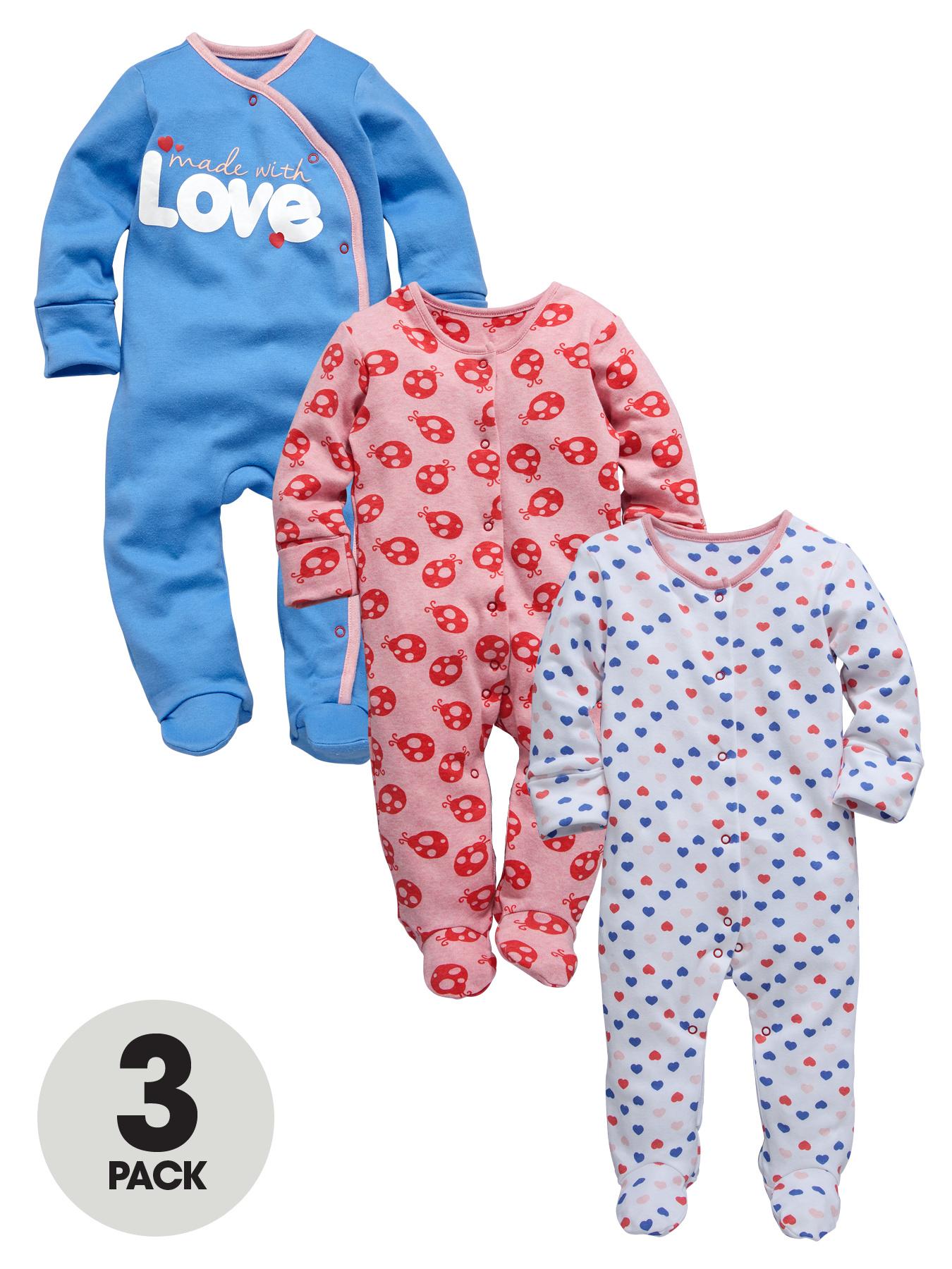 Ladybird Baby Girls Ladybird and Heart Sleepsuits (3 Pack) Ladybird Baby Girls Ladybird and Heart Sleepsuits (3 Pack)