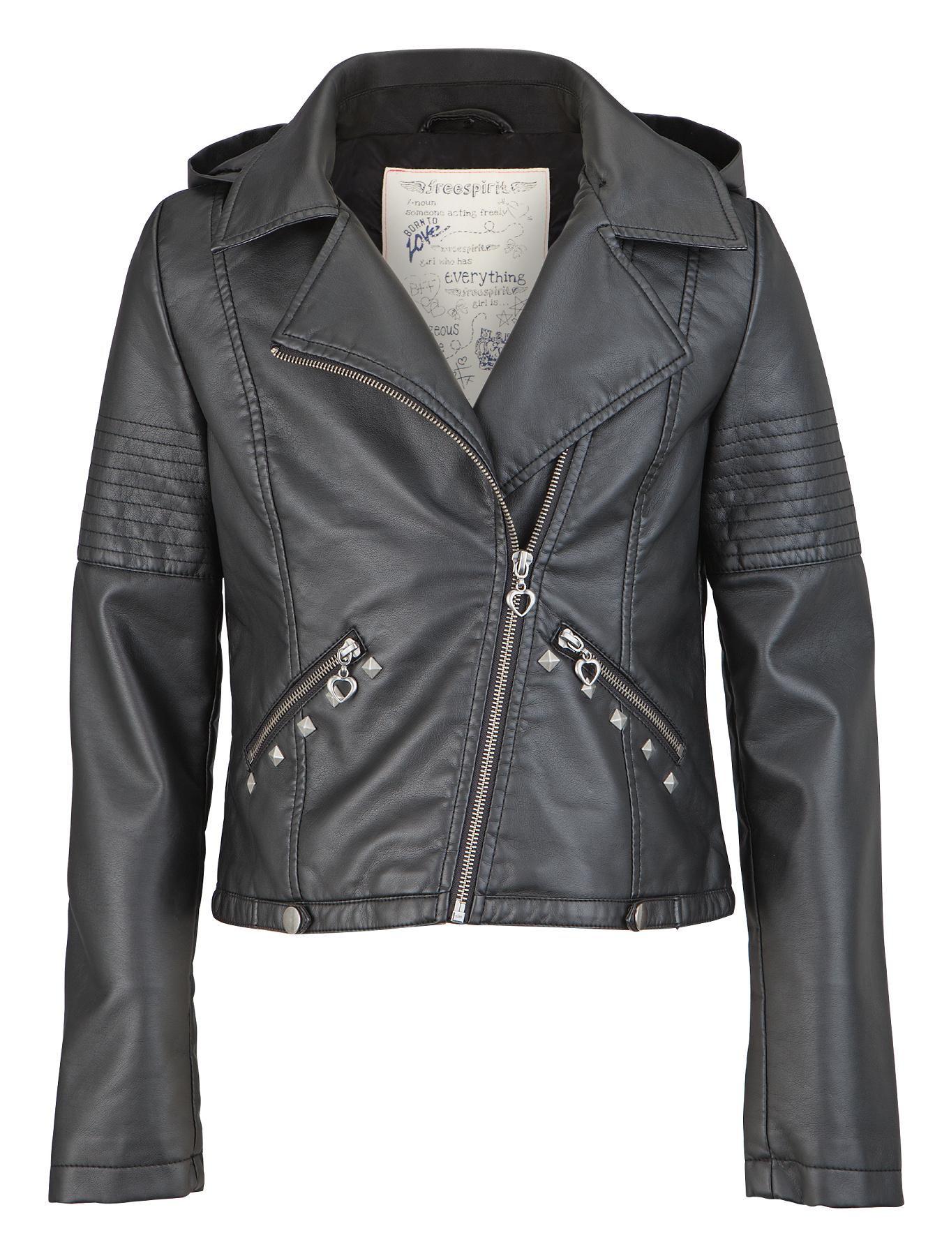 Freespirit Girls PU Biker Jacket with Detachable Hood and Studs - Black, Black Freespirit Girls PU Biker Jacket with Detachable Hood and Studs - Black, Black