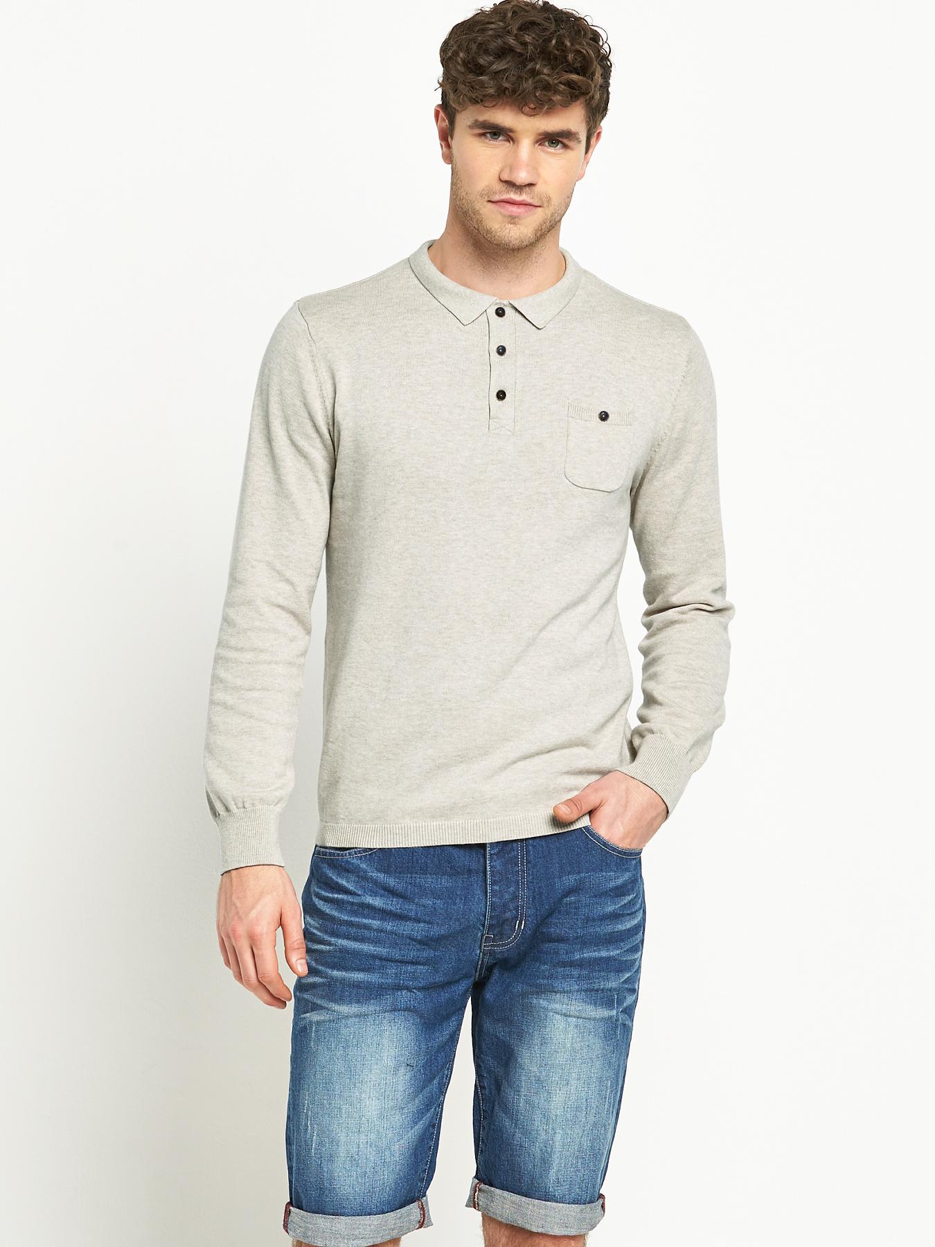 Goodsouls Mens Long Sleeve Knitted Polo Shirt - Stone, Stone Goodsouls Mens Long Sleeve Knitted Polo Shirt - Stone, Stone