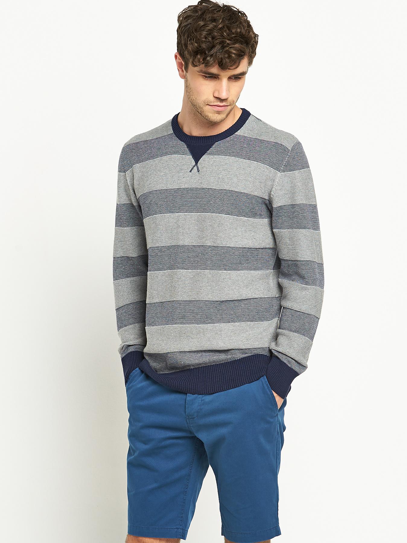 Goodsouls Mens Stripe Crew Neck Jumper - Navy, Navy Goodsouls Mens Stripe Crew Neck Jumper - Navy, Navy