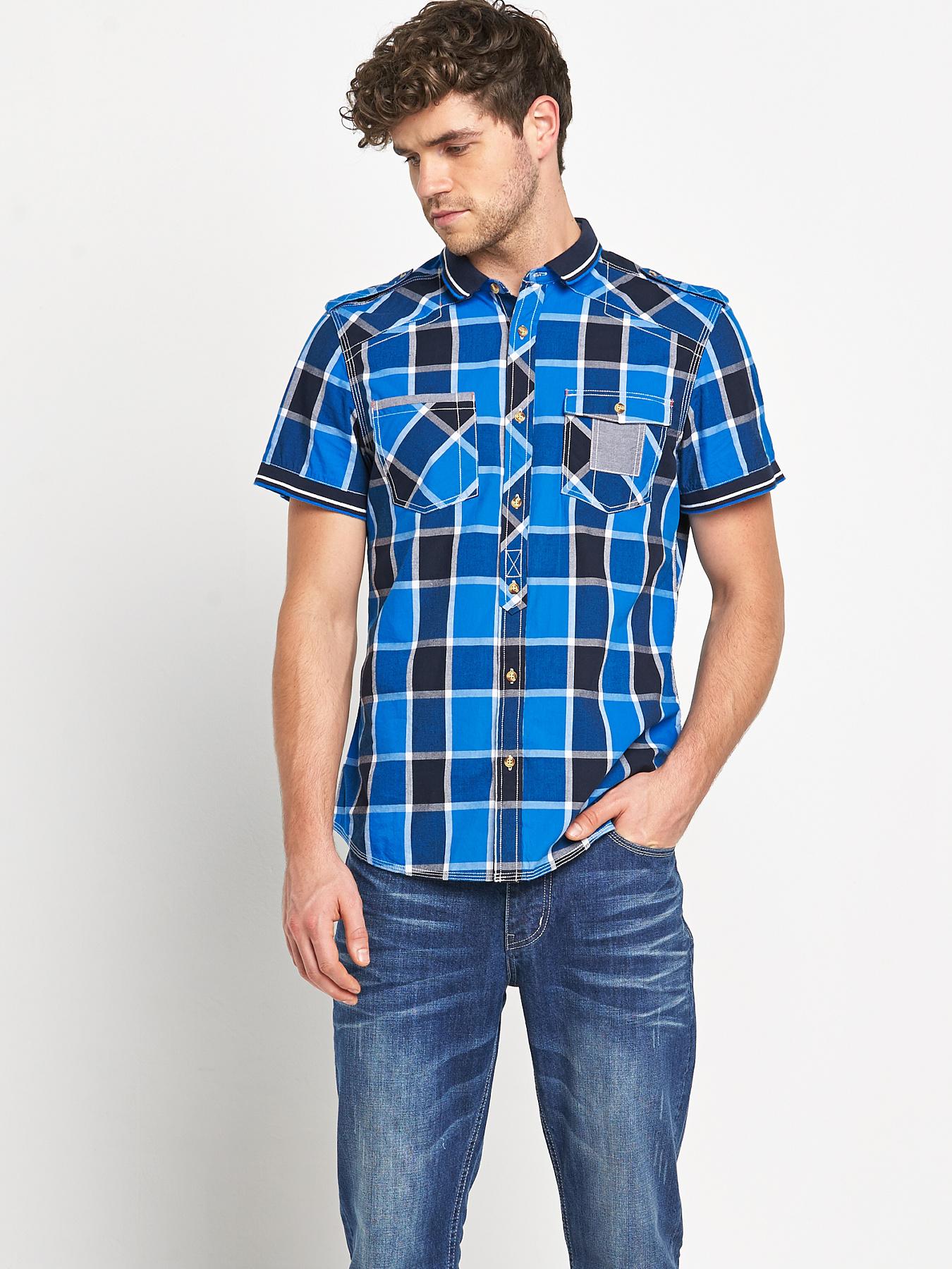Goodsouls Mens Short Sleeve Blue Check Ribbed Collar Shirt - Blue, Blue Goodsouls Mens Short Sleeve Blue Check Ribbed Collar Shirt - Blue, Blue