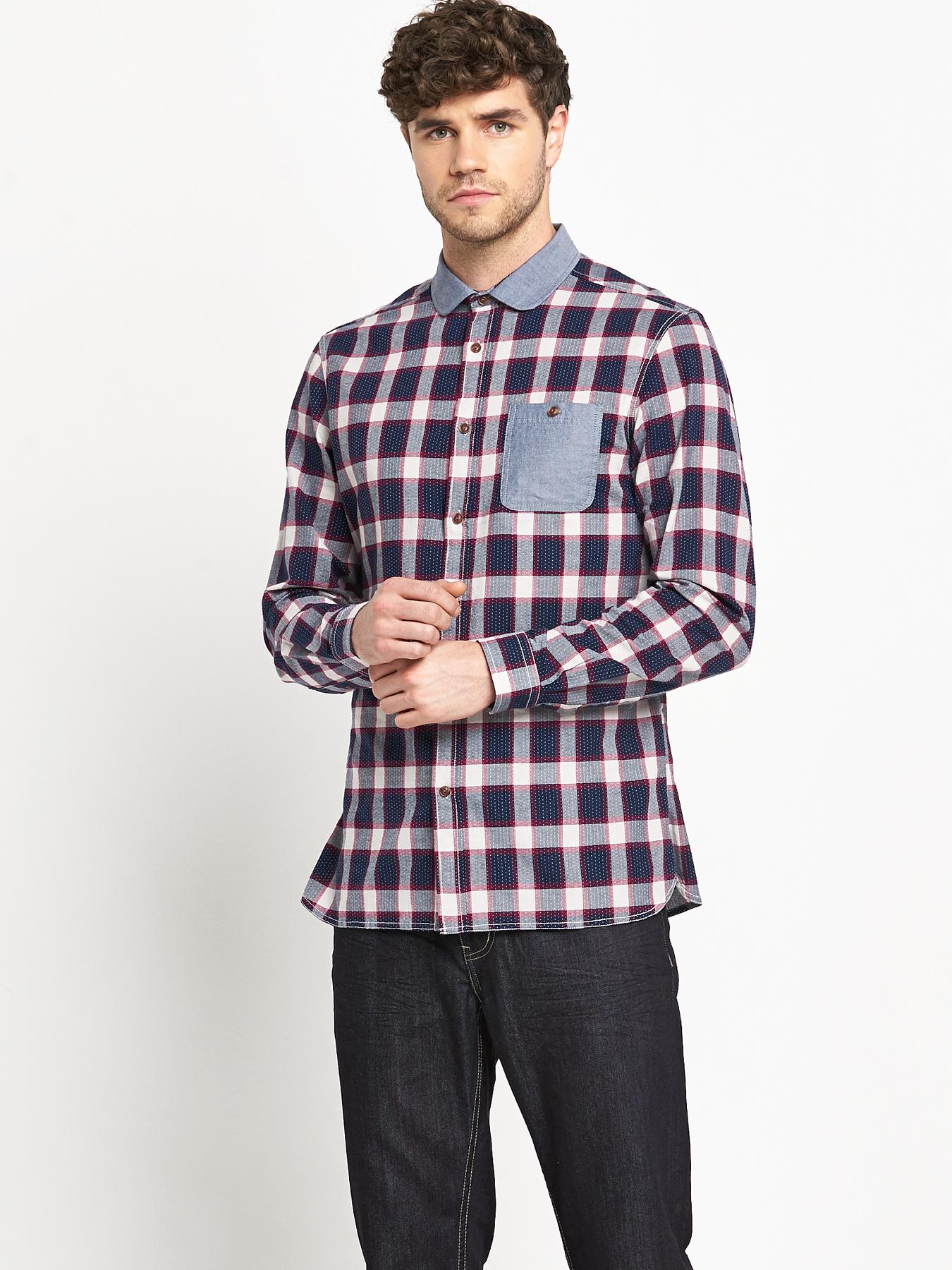 Goodsouls Mens Long Sleeve Penny Collar Check Shirt - Navy, Navy Goodsouls Mens Long Sleeve Penny Collar Check Shirt - Navy, Navy
