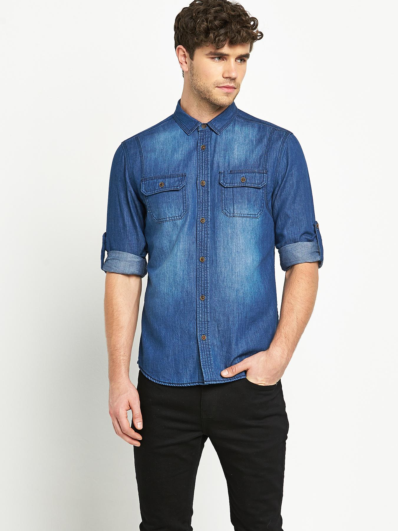 Goodsouls Mens Long Sleeve Double Pocket Denim Shirt - Blue, Blue Goodsouls Mens Long Sleeve Double Pocket Denim Shirt - Blue, Blue