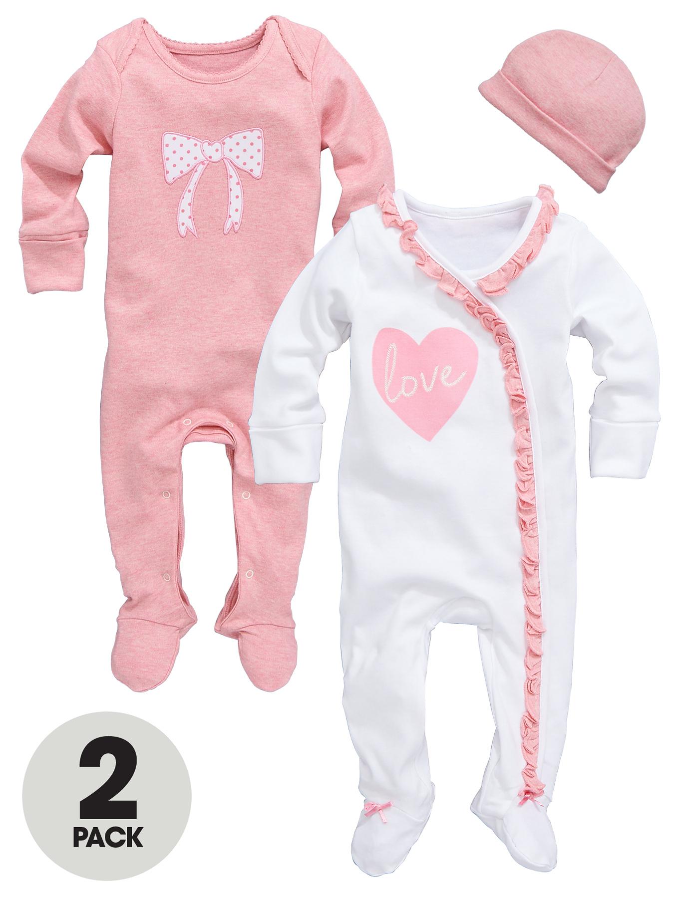 Ladybird Baby Girls Love Heart Sleepsuits with Hat (2 Pack) - Pink, Pink Ladybird Baby Girls Love Heart Sleepsuits with Hat (2 Pack) - Pink, Pink