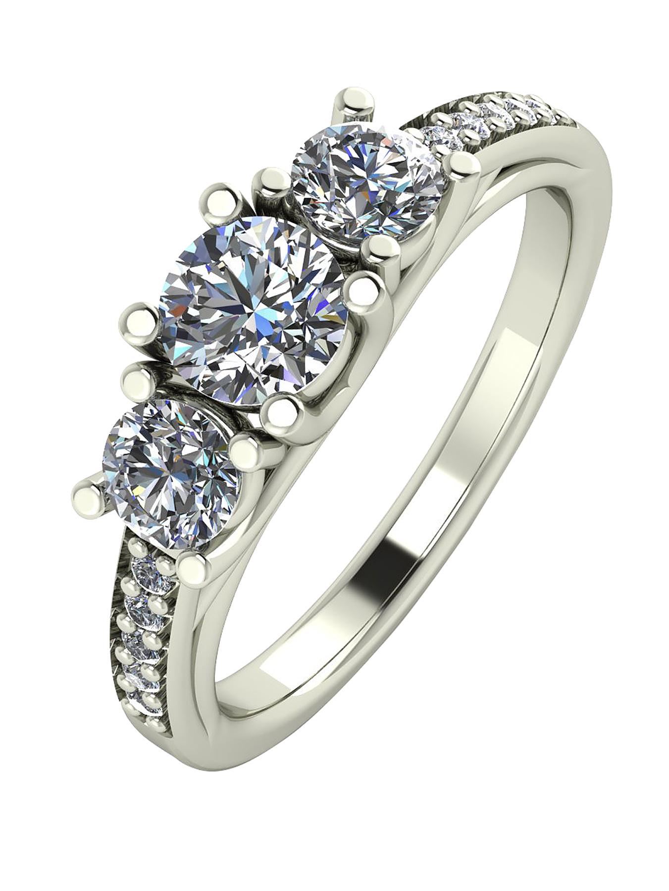Moissanite Premium Collection 9 Carat White Gold, 1.10 Carat Round Brilliant Cut Trilogy Ring with Moissanite Set Shoulders Moissanite Premium Collection 9 Carat White Gold, 1.10 Carat Round Brilliant Cut Trilogy Ring with Moissanite Set Shoulders