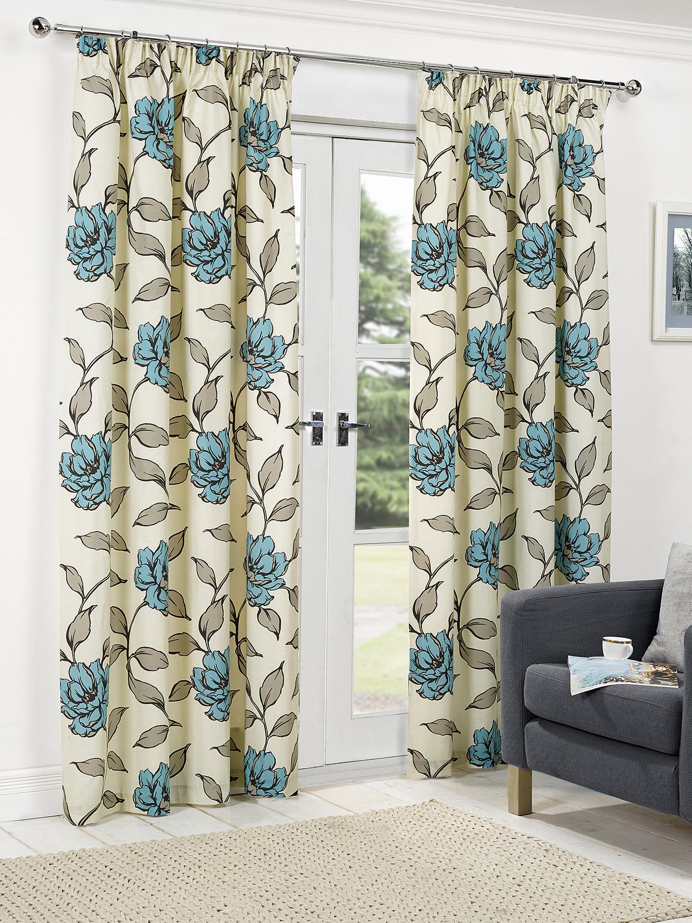 Floral Pleated Curtains - Teal, Teal,Red Floral Pleated Curtains - Teal, Teal,Red