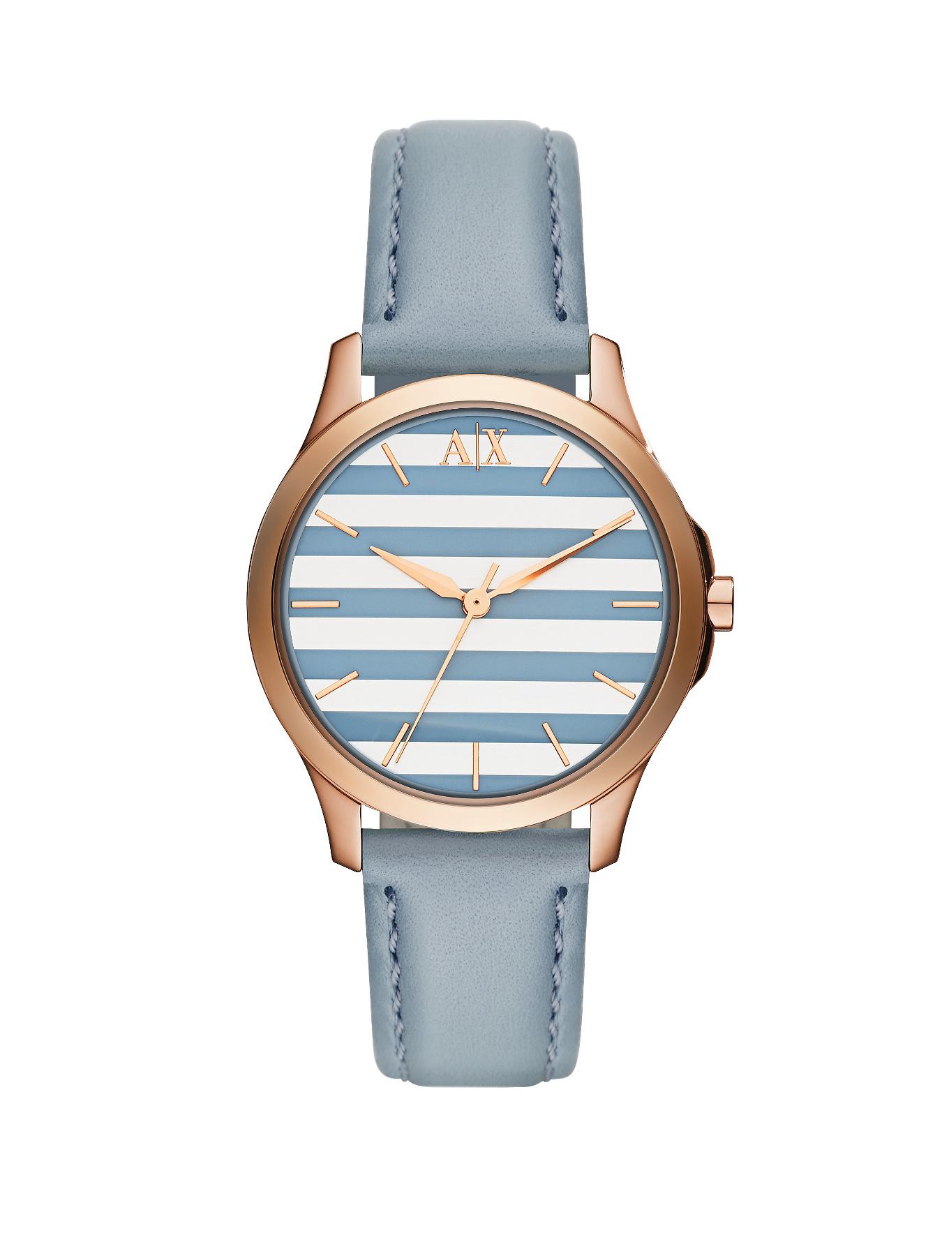 Armani Exchange Silver/Blue Striped Dial And Blue Leather Strap Ladies Watch Armani Exchange Silver/Blue Striped Dial And Blue Leather Strap Ladies Watch