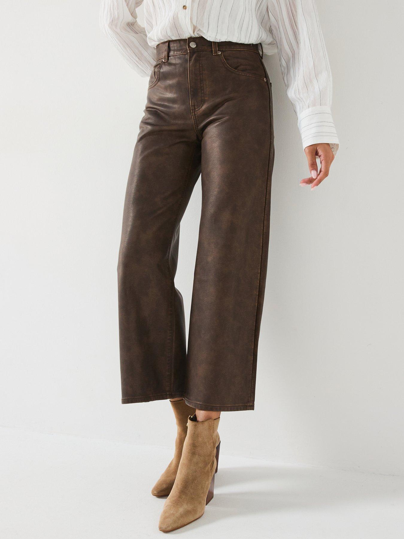 Women Brown Faux Leather Trousers Straight Very