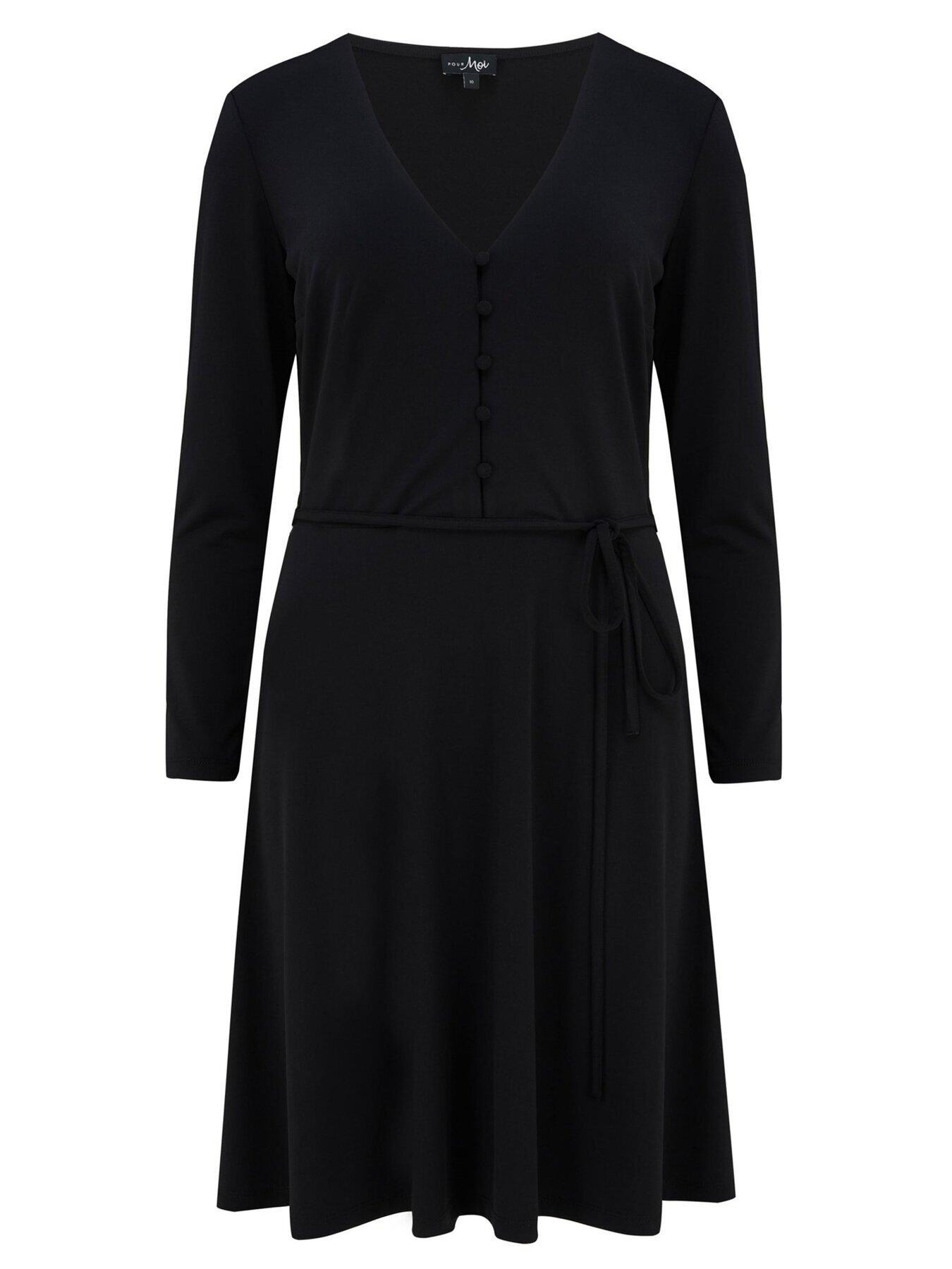 Image 4 of 4 of Pour Moi Bella Slinky Jersey Long Sleeve Tea Dress - Black