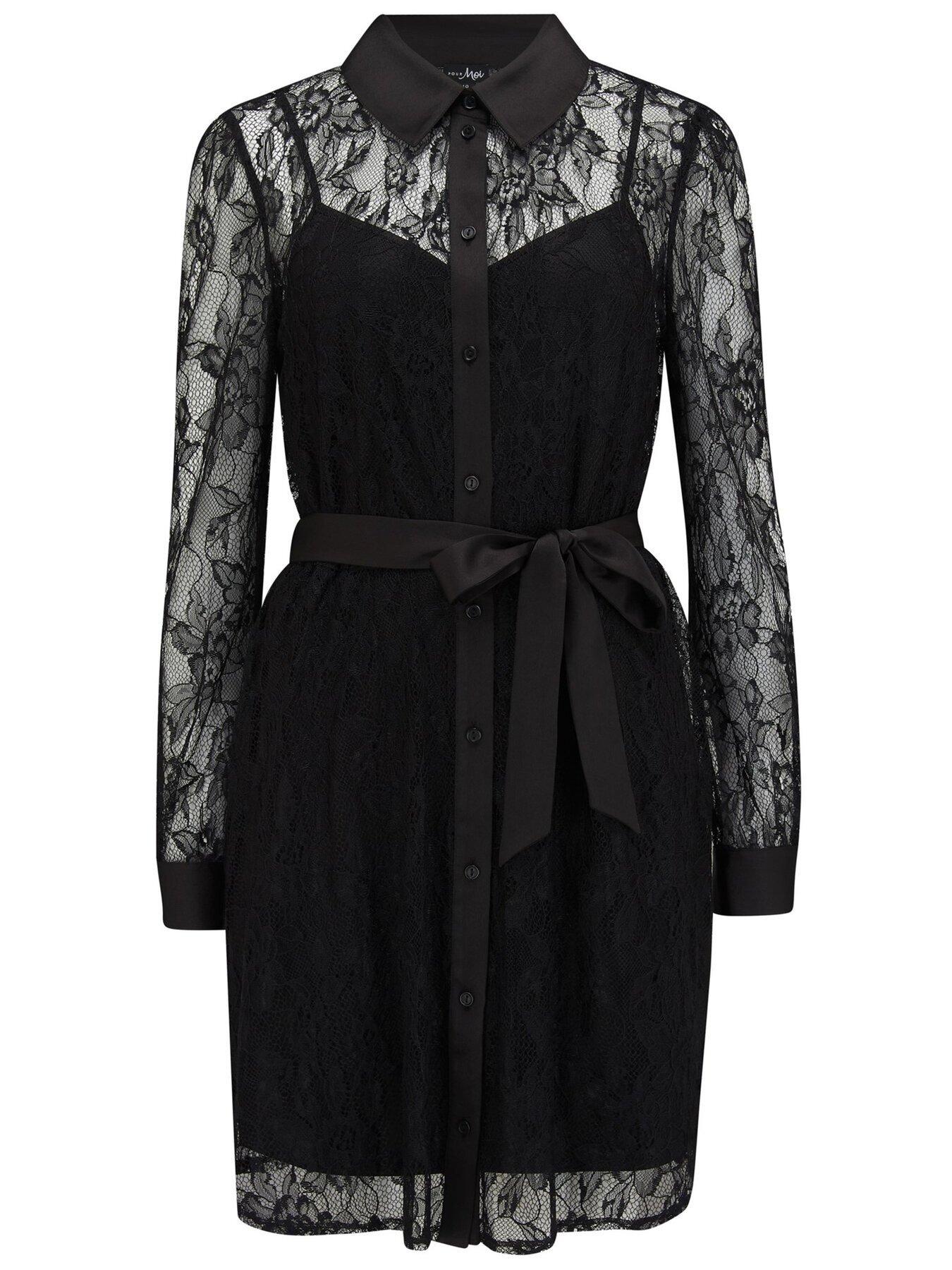 Pour Moi Clara Long Sleeve Lace Shirt Dress | very.co.uk