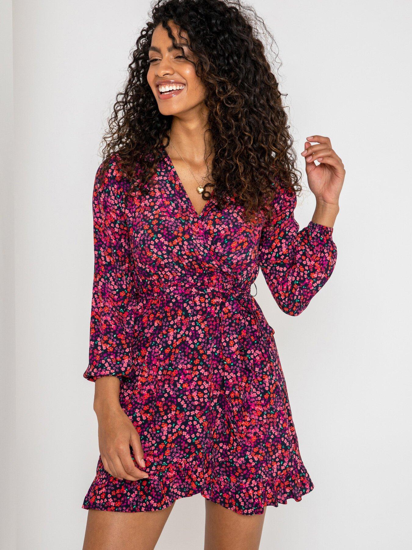 Kelly Woven Balloon Sleeve Frill Wrap Dress - Floral