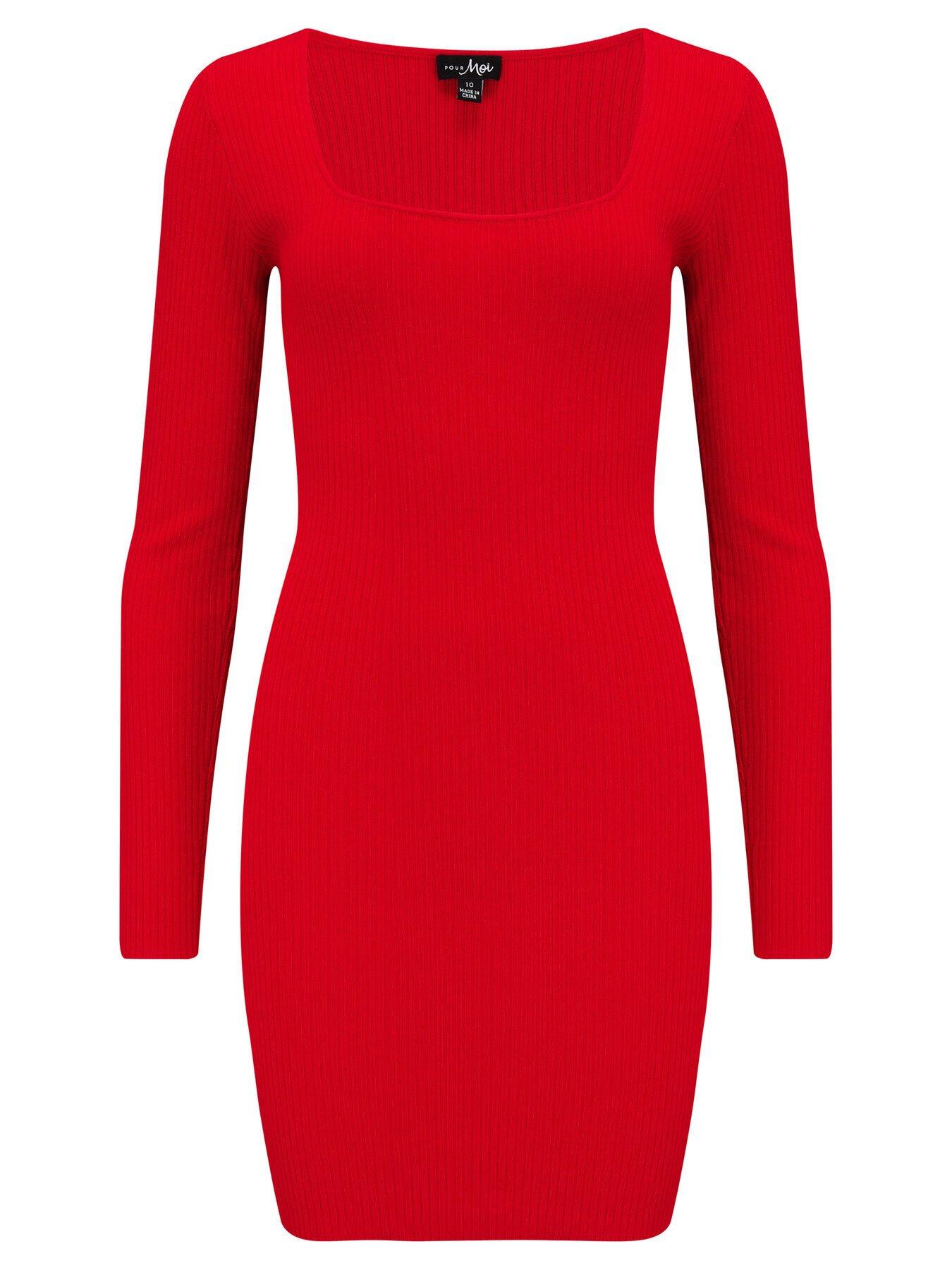 Pour Moi Sasha Rib Knit Square Neck Mini Dress - Red