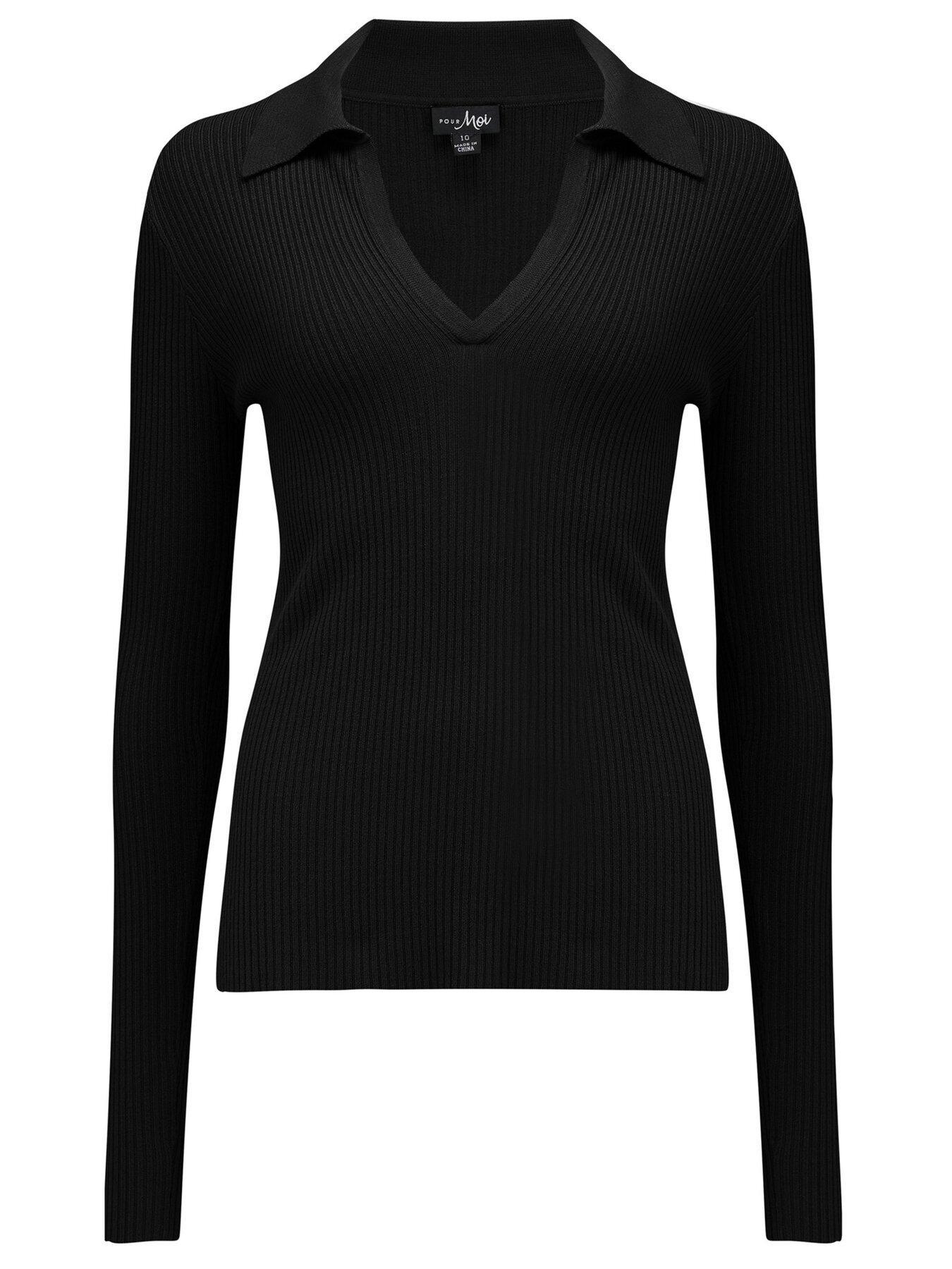 Eva ECOVERO™ fibres Rib Knit V-Neck Collar Top - Black