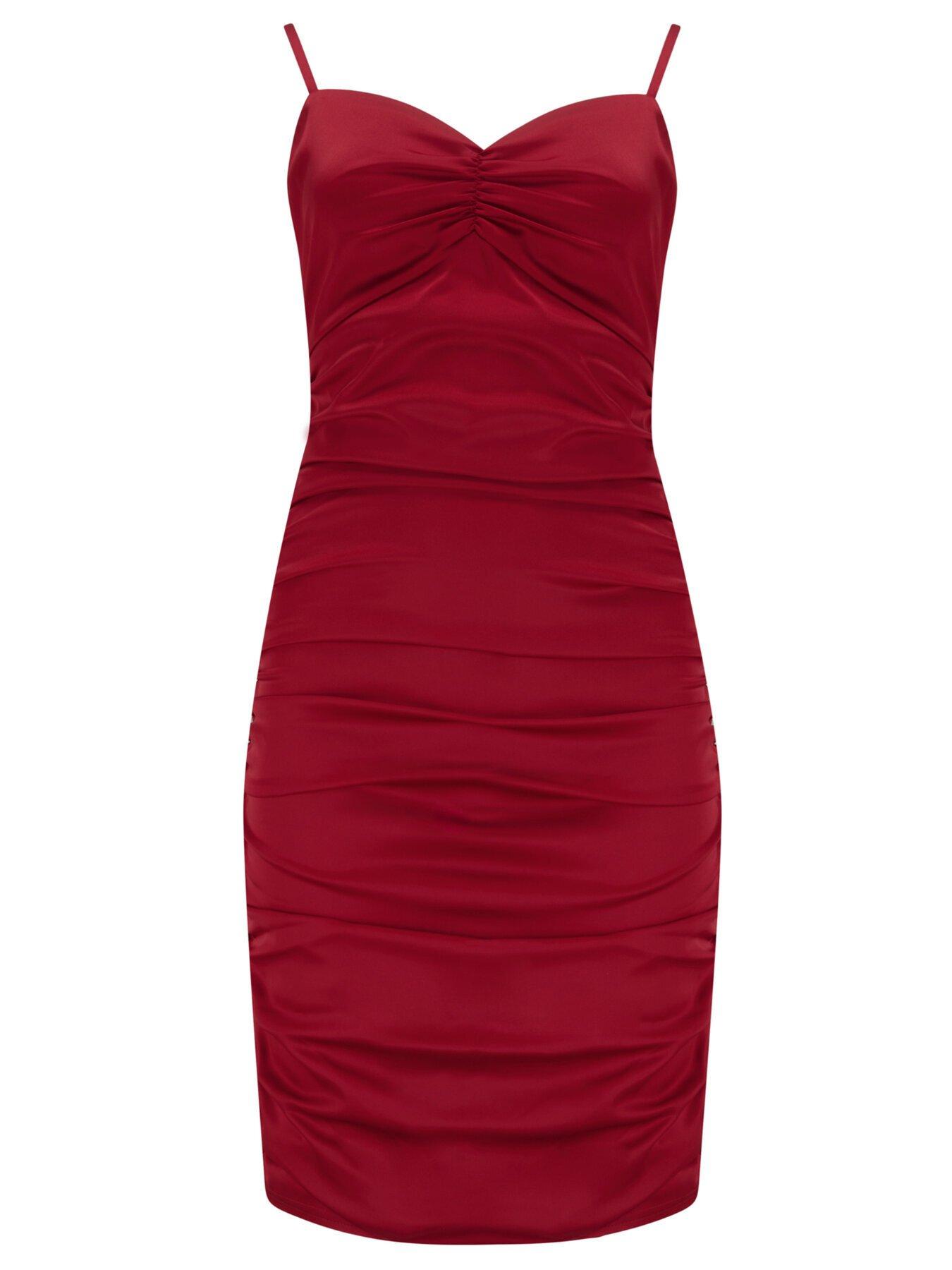 Twist & shout ruched satin mini dress in dark on sale red