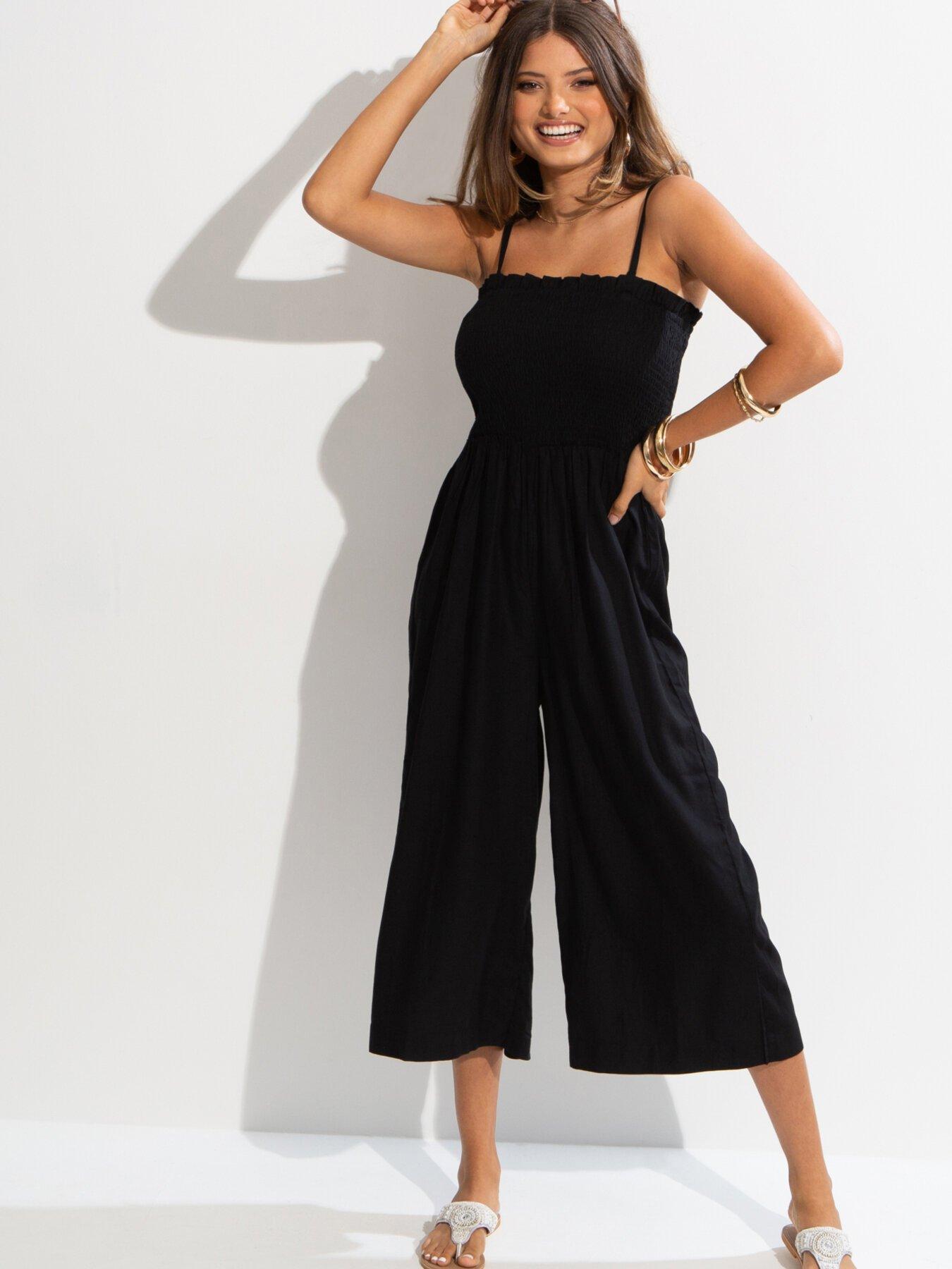 Pour Moi Tie Strap Shirred Bodice Jumpsuit - Black | Very.co.uk