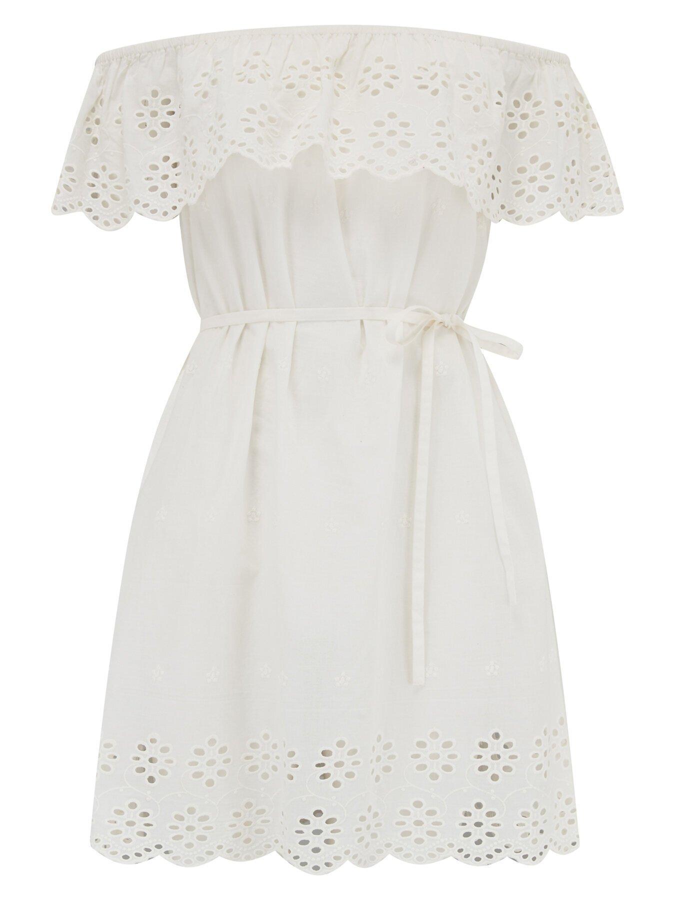 Image 3 of 4 of Pour Moi Cotton Broderie Bardot Mini Beach Dress - White
