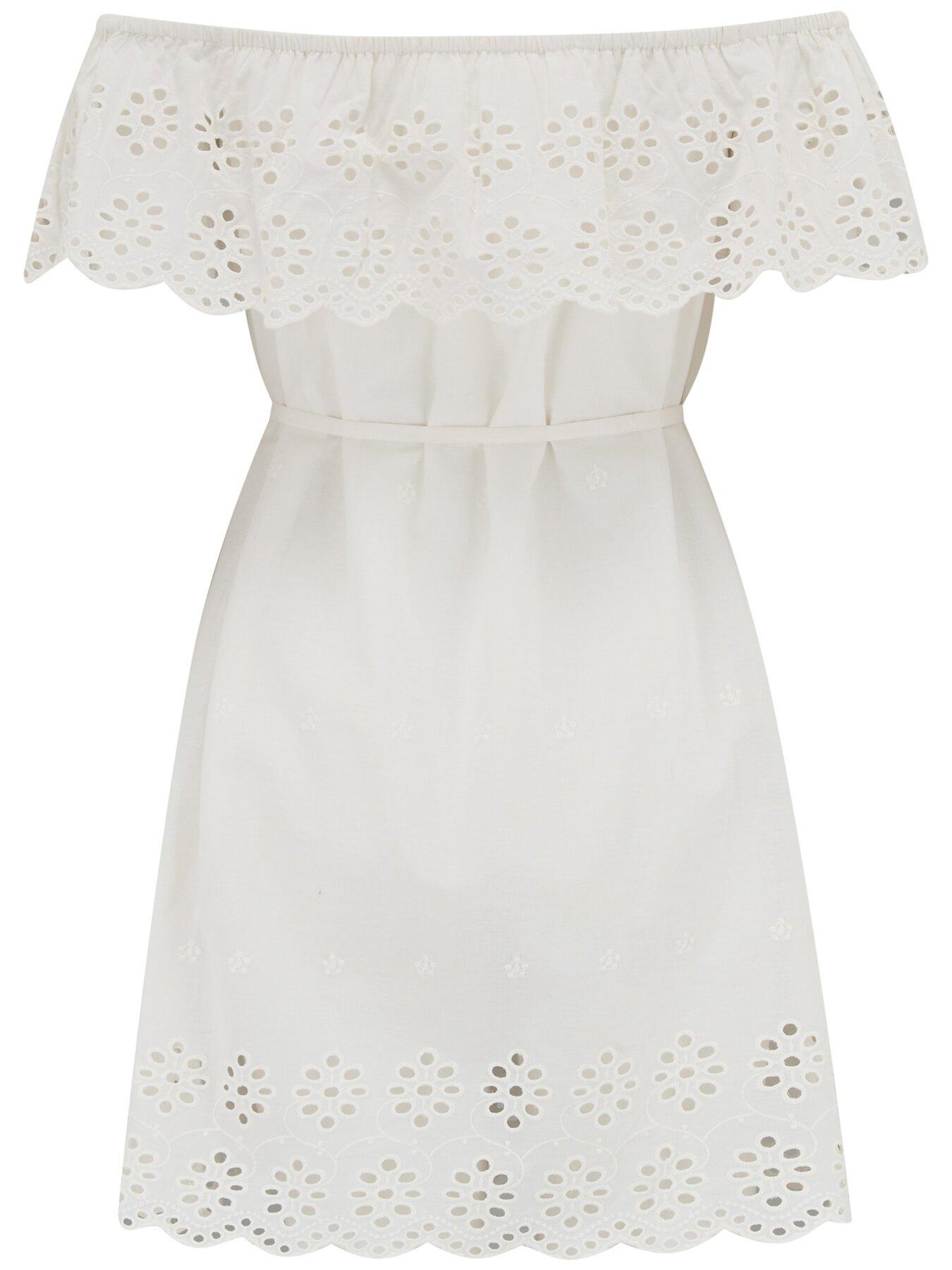 Image 4 of 4 of Pour Moi Cotton Broderie Bardot Mini Beach Dress - White