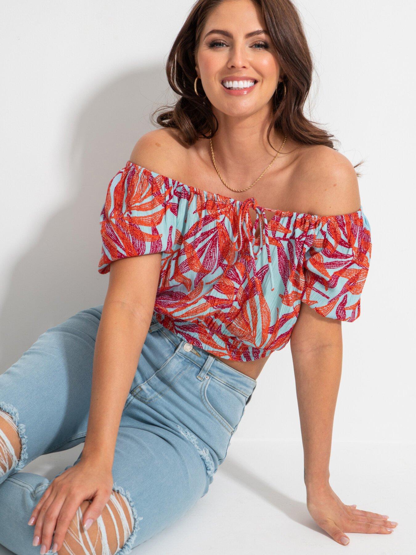 Pour Moi Crinkle Viscose Bardot Smock Tie Top Multi Very