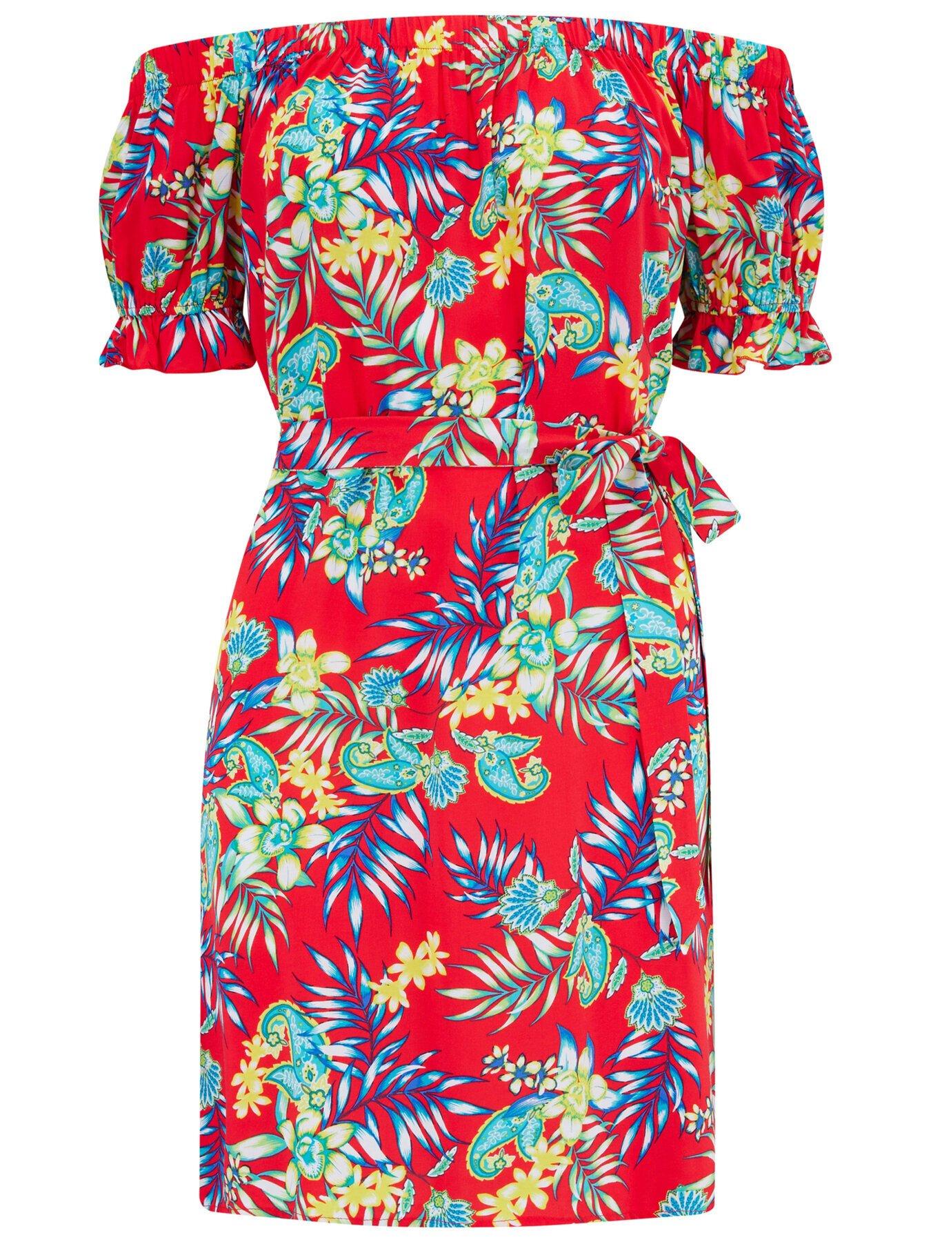 Image 3 of 4 of Pour Moi Woven Puff Sleeve Belted Bardot Dress - Red