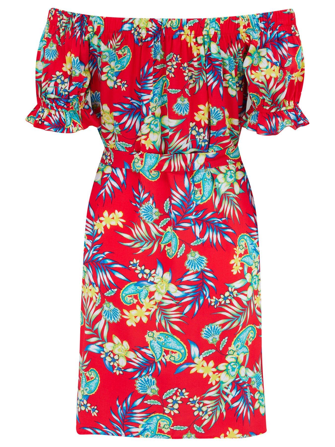 Image 4 of 4 of Pour Moi Woven Puff Sleeve Belted Bardot Dress - Red