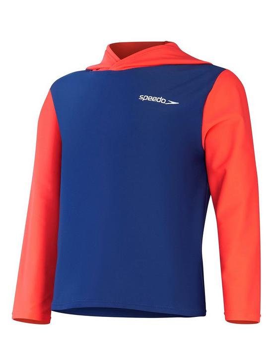 front image of speedo-unisex-learn-to-swim-essential-hooded-rash-top-blue