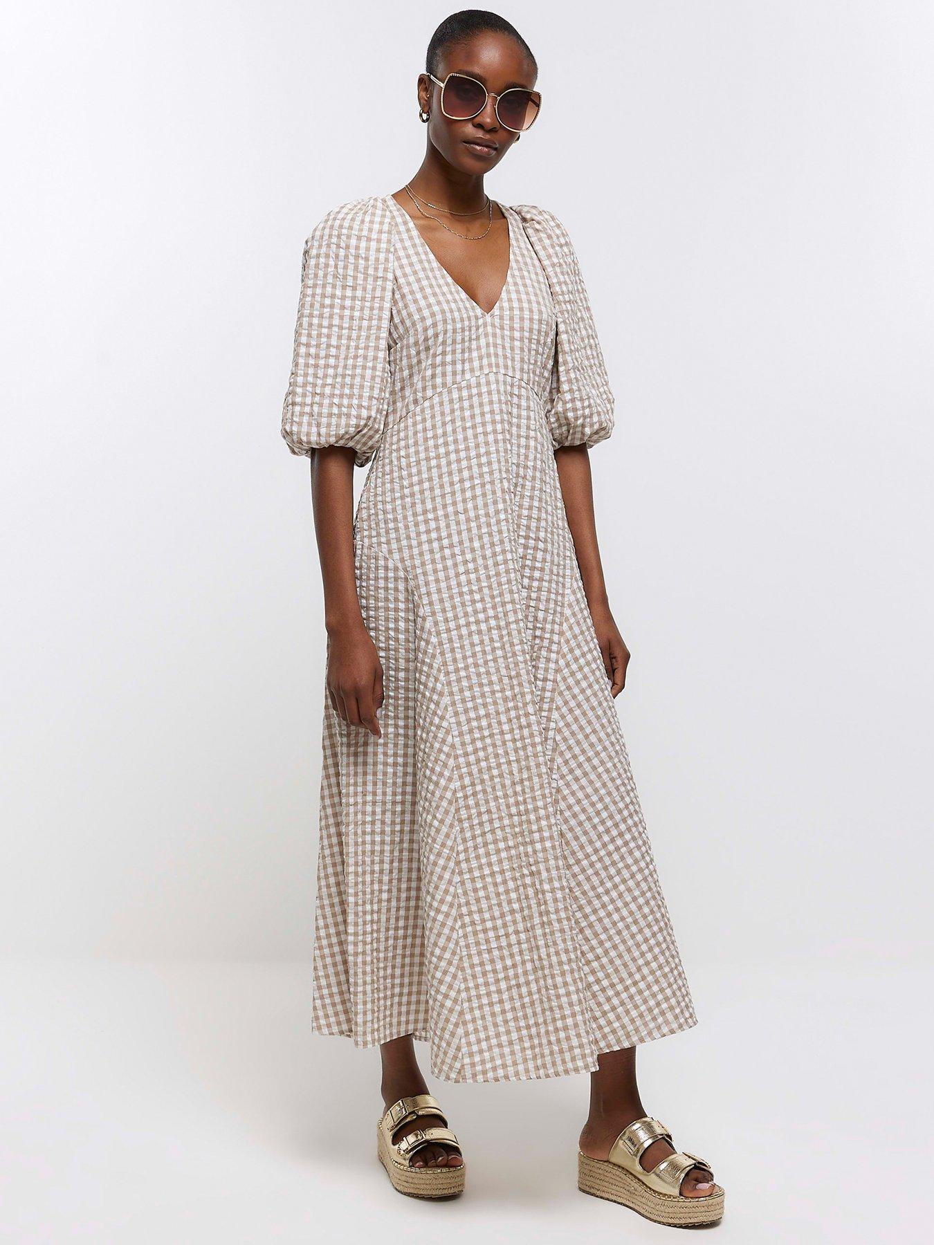 Gingham Puff Sleeve Midi Dress