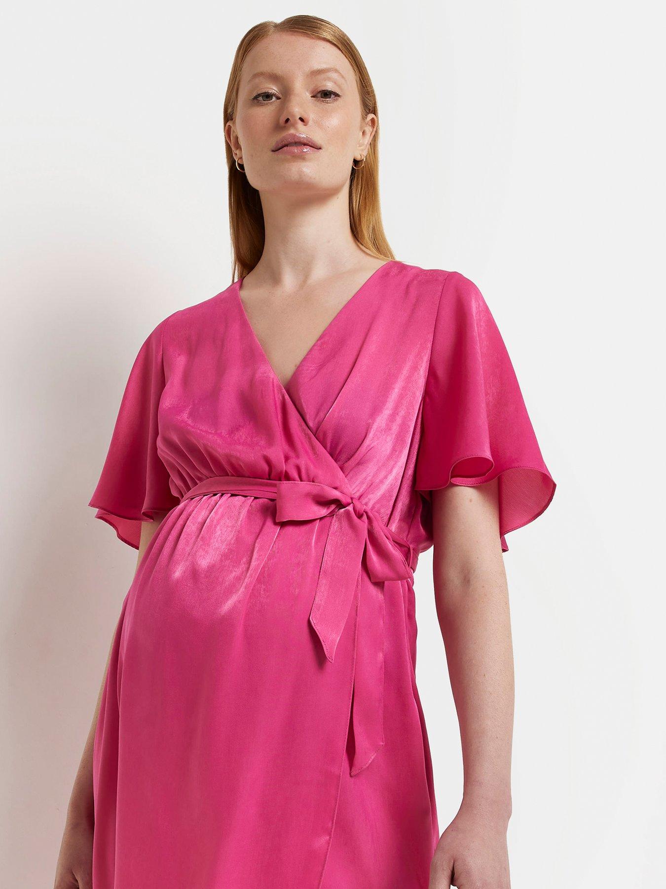 Maternity Satin Wrap Midi Dress - Pink