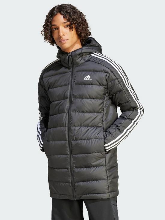 front image of adidas-essentials-3-stripes-light-down-hooded-parka-black