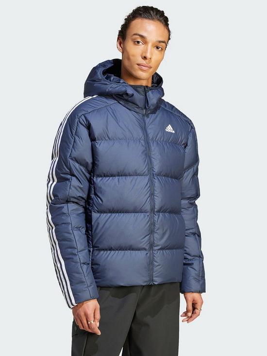 front image of adidas-essentials-midweight-down-hooded-jacket-blue