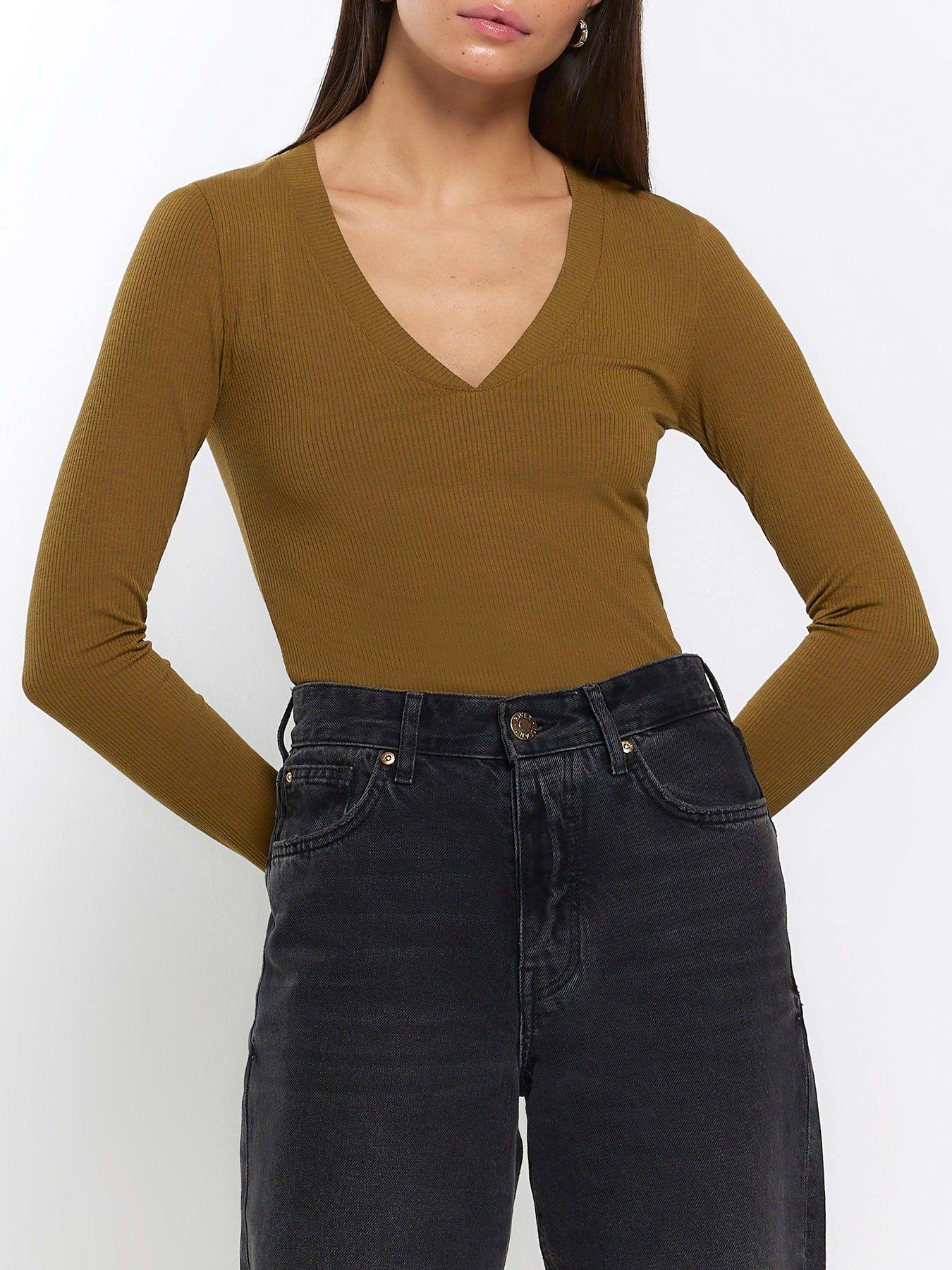 Image 1 of 5 of River Island Rib V-Neck Long Sleeve Top - Khaki