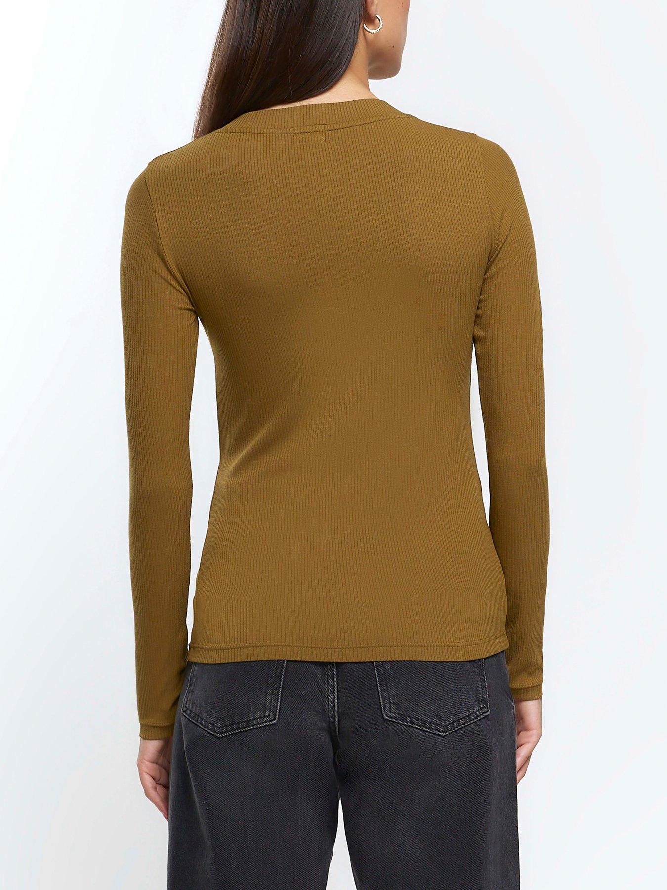 Image 2 of 5 of River Island Rib V-Neck Long Sleeve Top - Khaki
