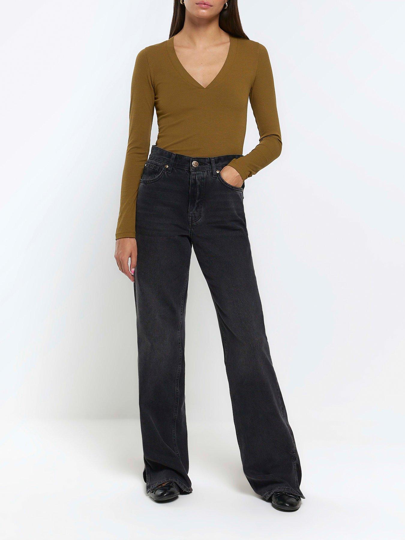 Image 3 of 5 of River Island Rib V-Neck Long Sleeve Top - Khaki