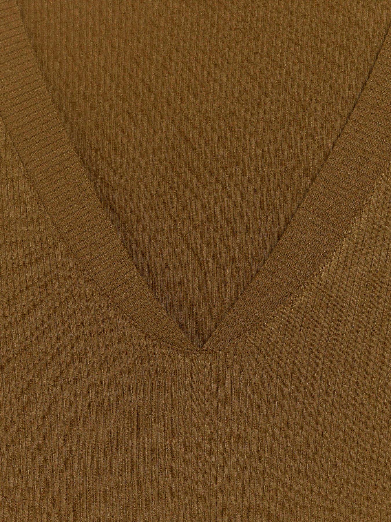 Image 4 of 5 of River Island Rib V-Neck Long Sleeve Top - Khaki