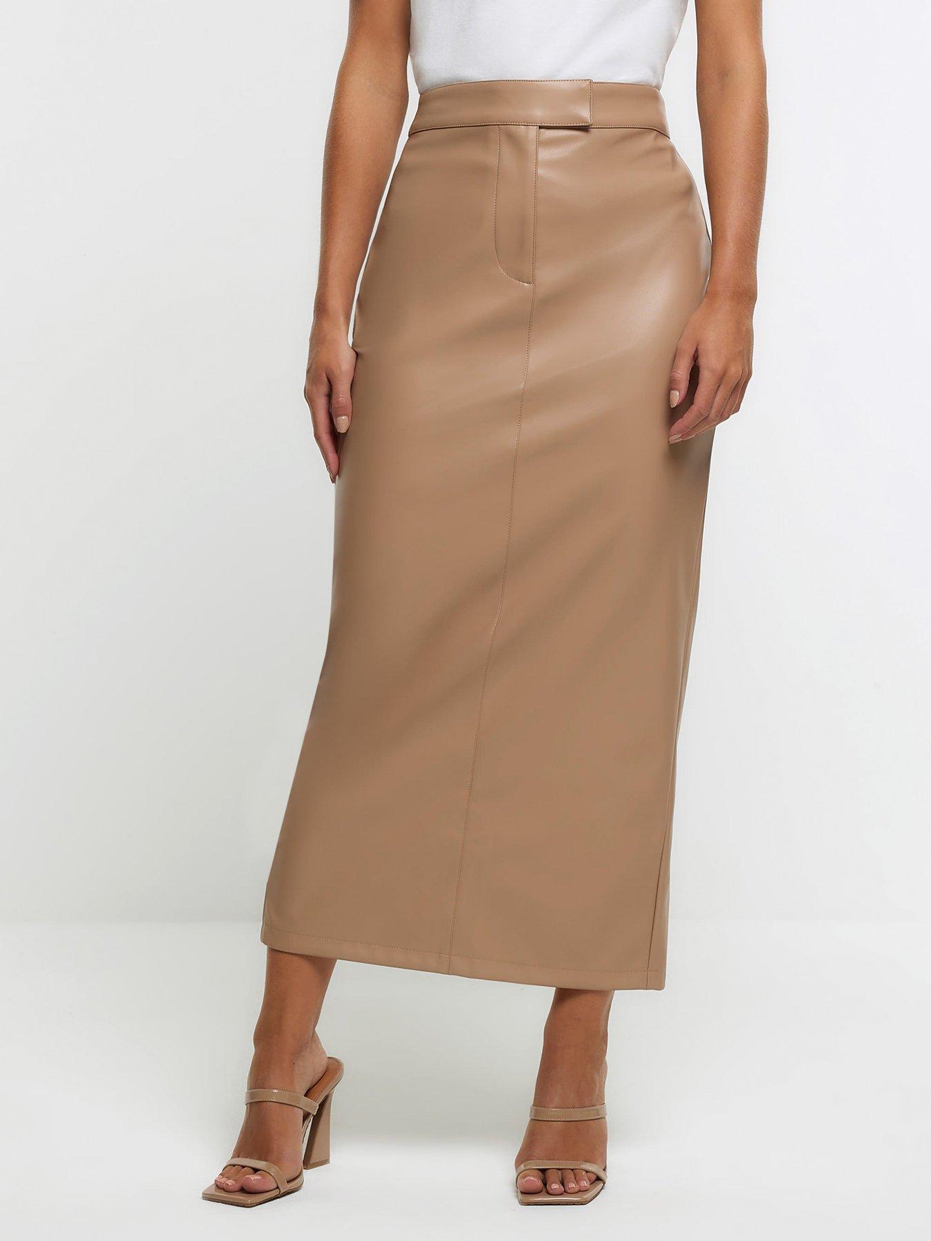 Khaki leather shop skirt river island