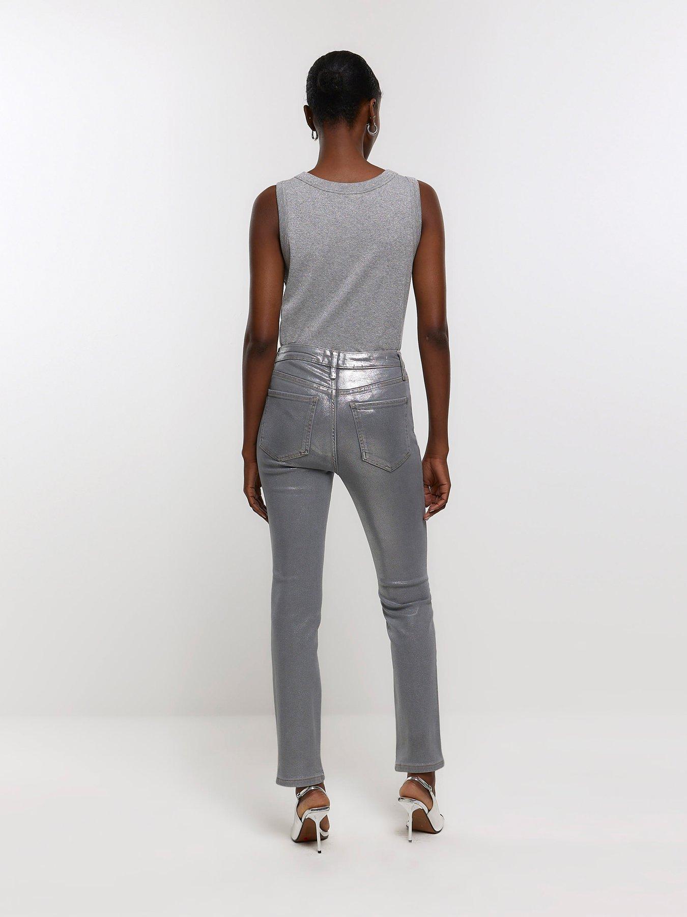 STRAIGHT MID-RISE JEANS WITH FOIL DETAIL - Dark silver