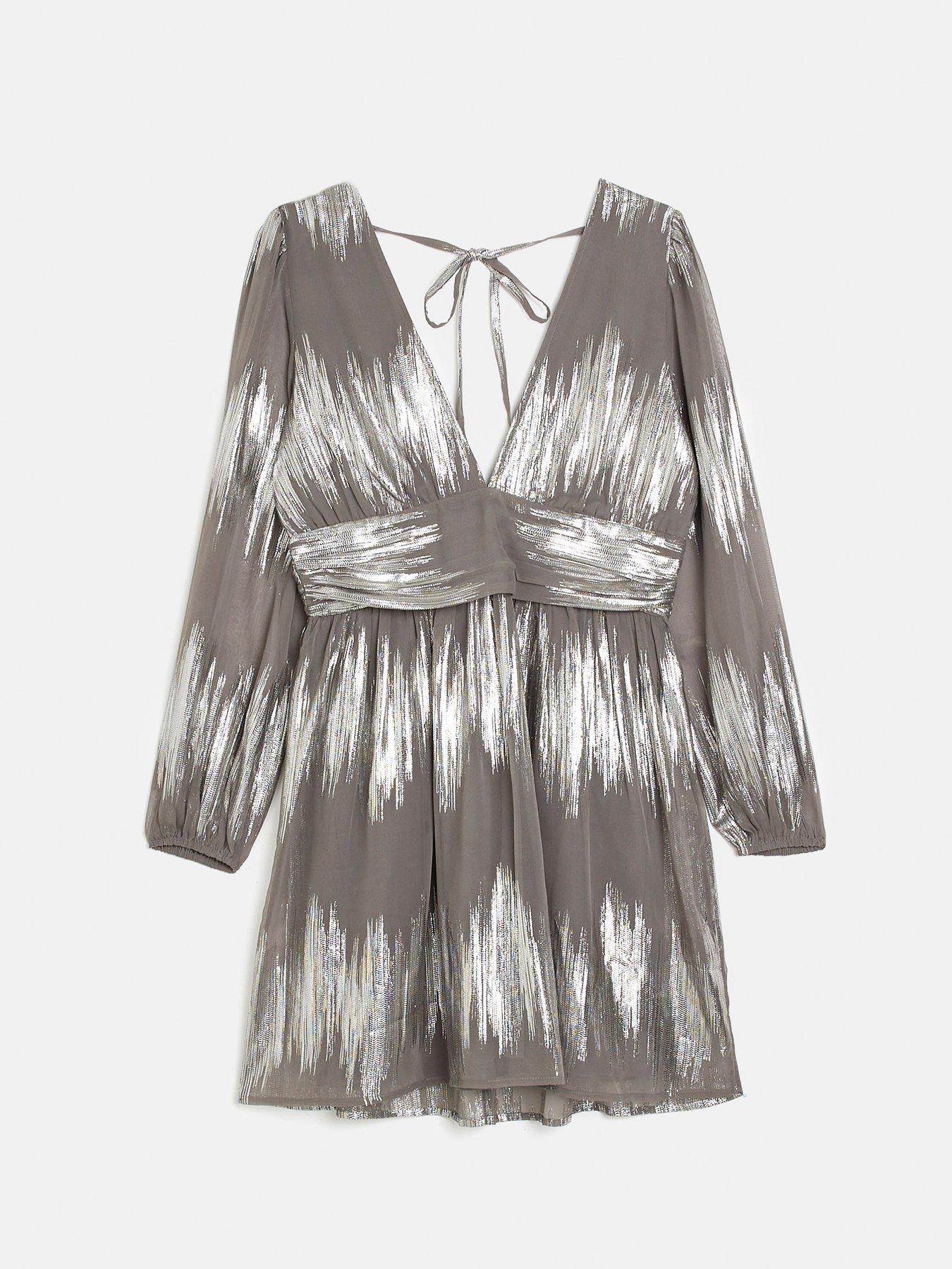 River Island Metallic Long Sleeve Swing Mini Dress - Silver | Very.co.uk