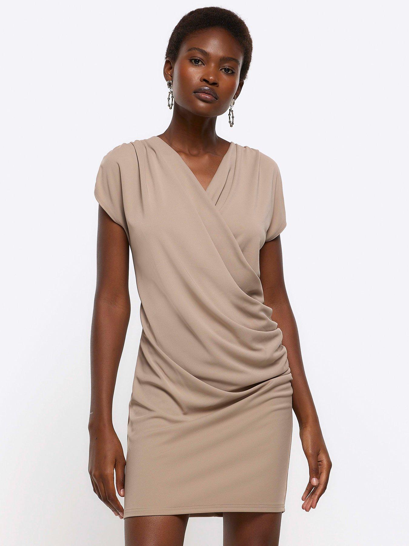 Image 1 of 5 of River Island Drape Detail Wrap Mini Dress - Light Brown