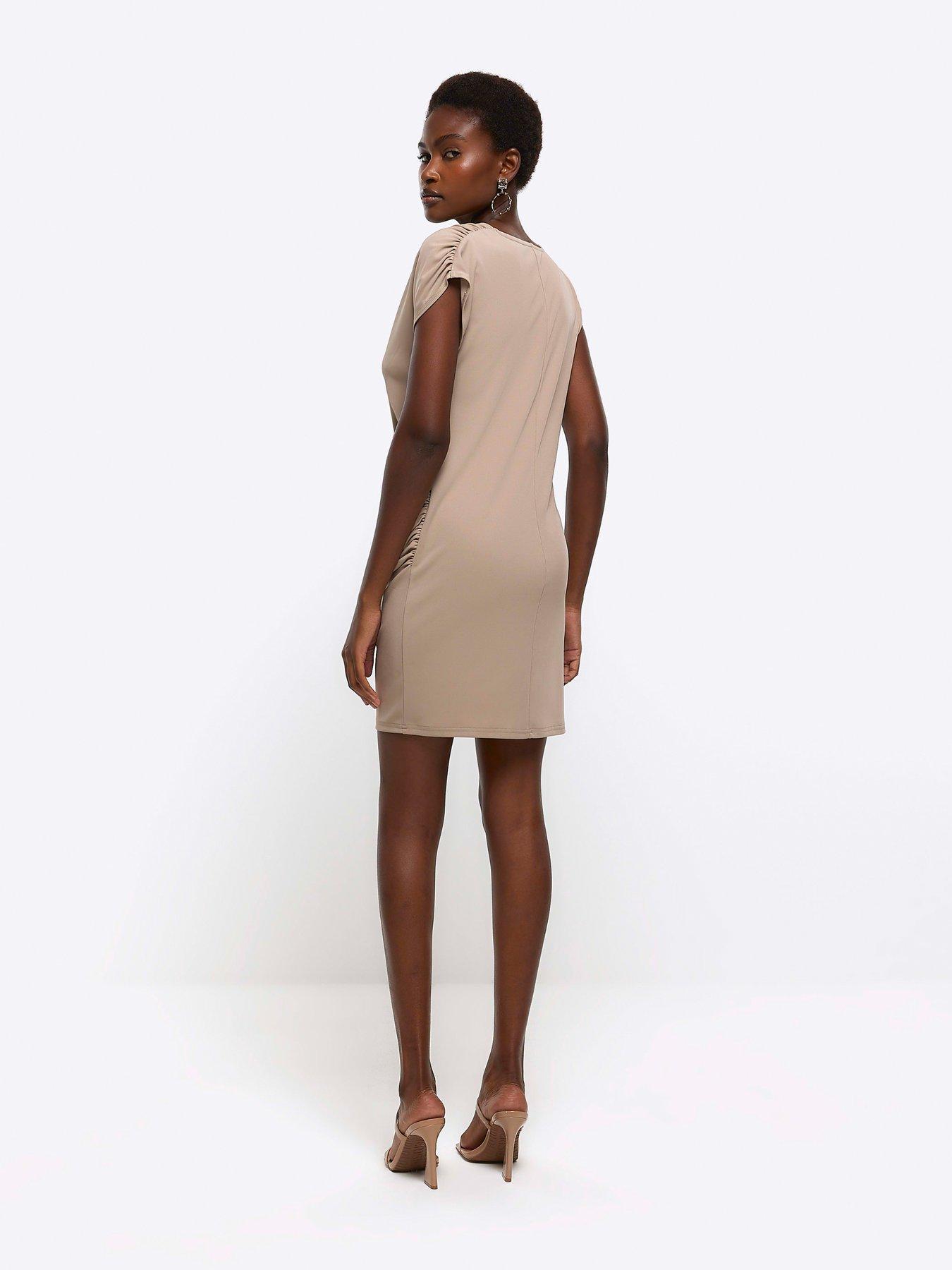 Image 2 of 5 of River Island Drape Detail Wrap Mini Dress - Light Brown
