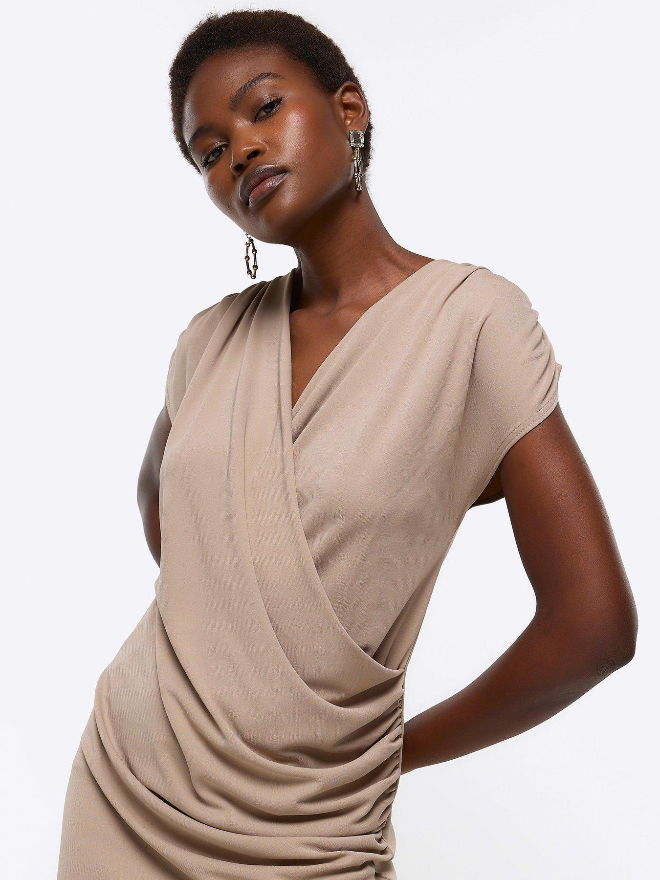 Image 4 of 5 of River Island Drape Detail Wrap Mini Dress - Light Brown