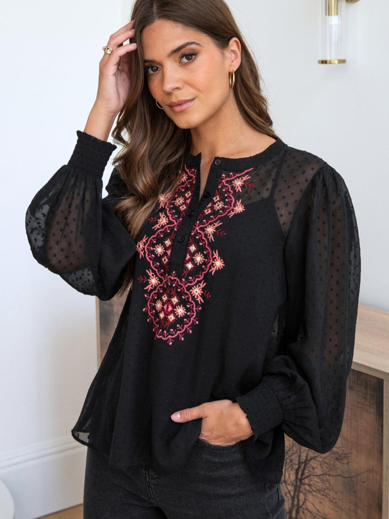 undefined Natasha Embroidered Dobby Chiffon Long Sleeve Top