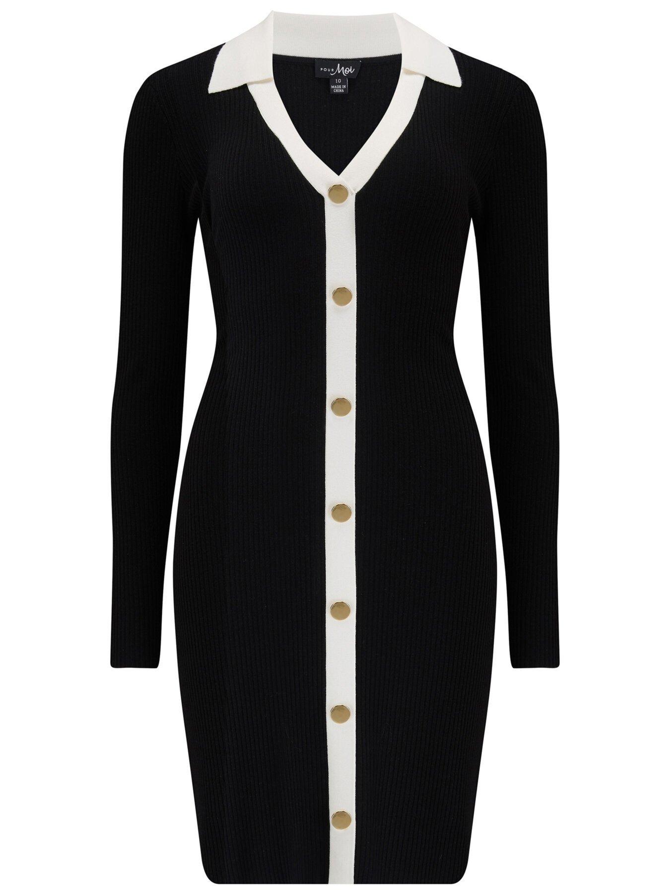 Pour Moi Beth Contrast Rib Knit Mini Dress - Black/White | very.co.uk