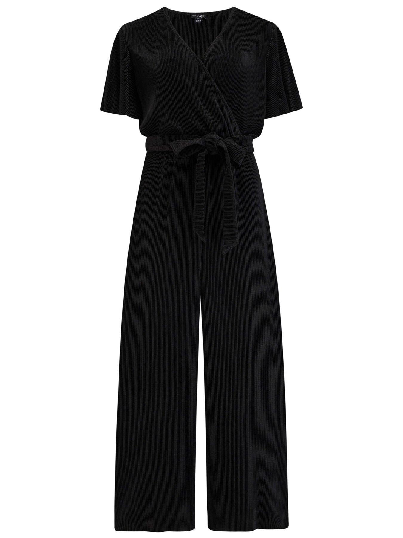 Tara Angel Sleeve Shine Plisse Cropped Leg Jumpsuit Black
