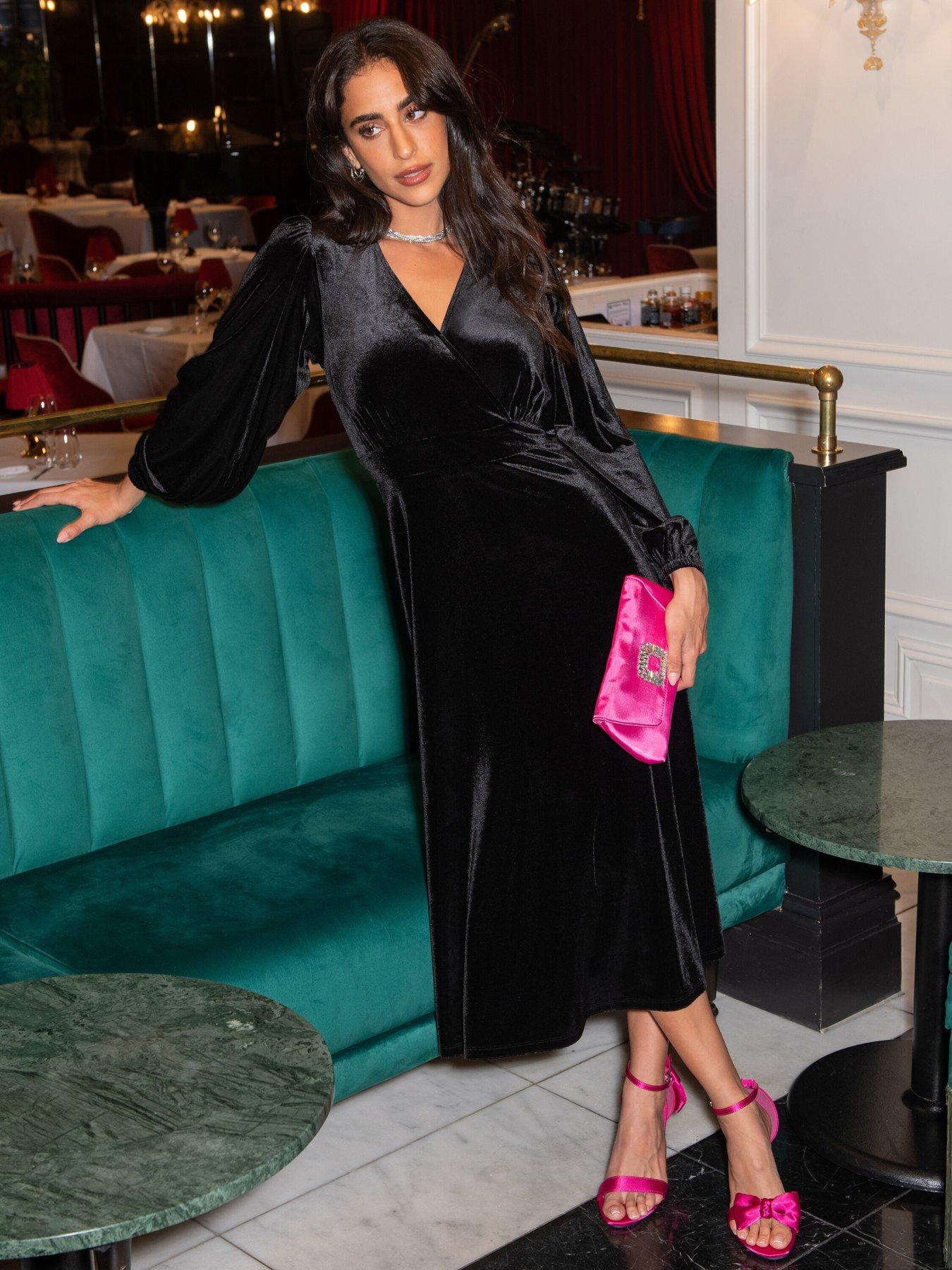 undefined Charlotte Tie Back Stretch Velvet Long Sleeve Midi Dress - Black