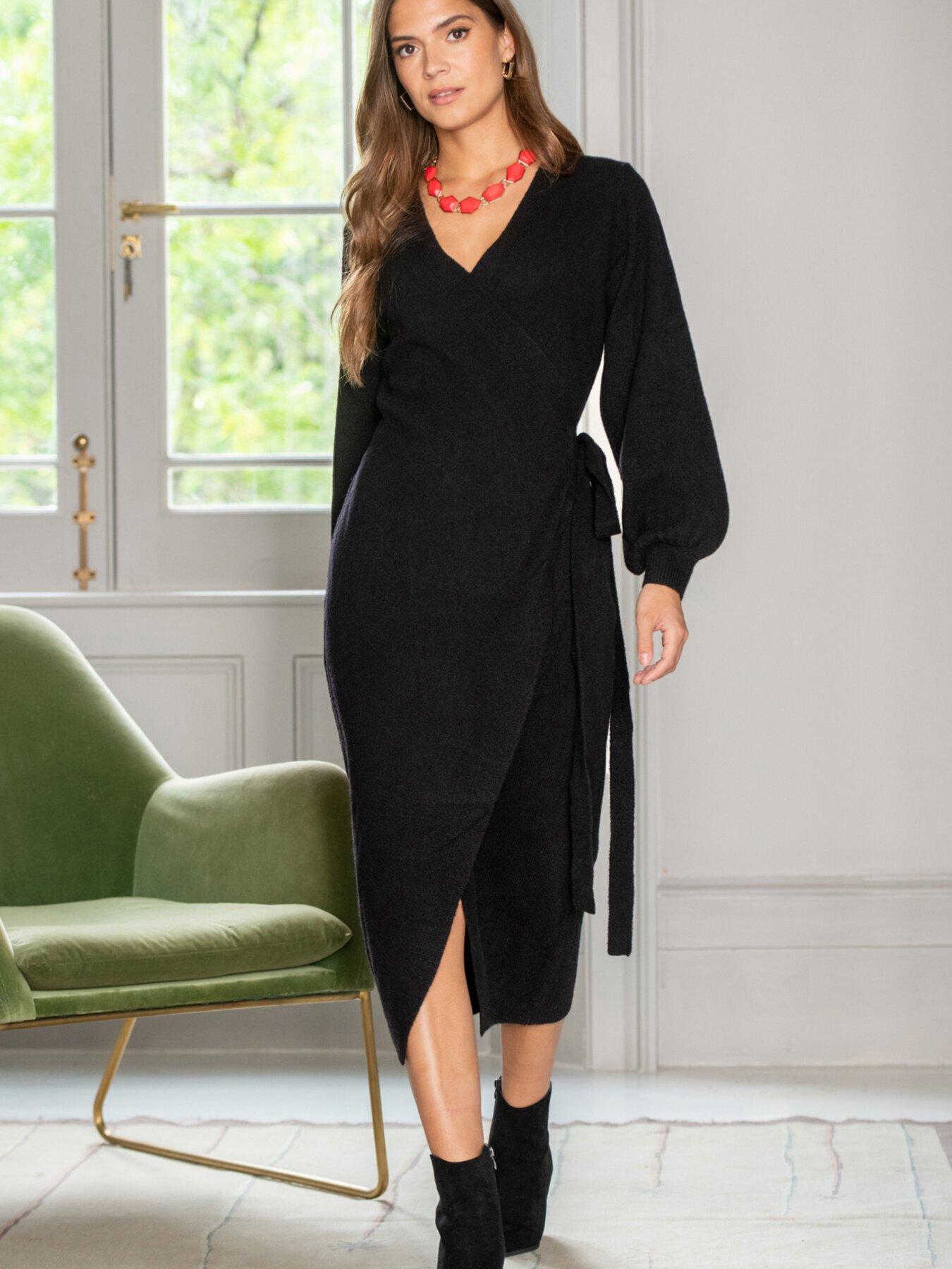 undefined Elle Knit Midi Wrap Dress - Black