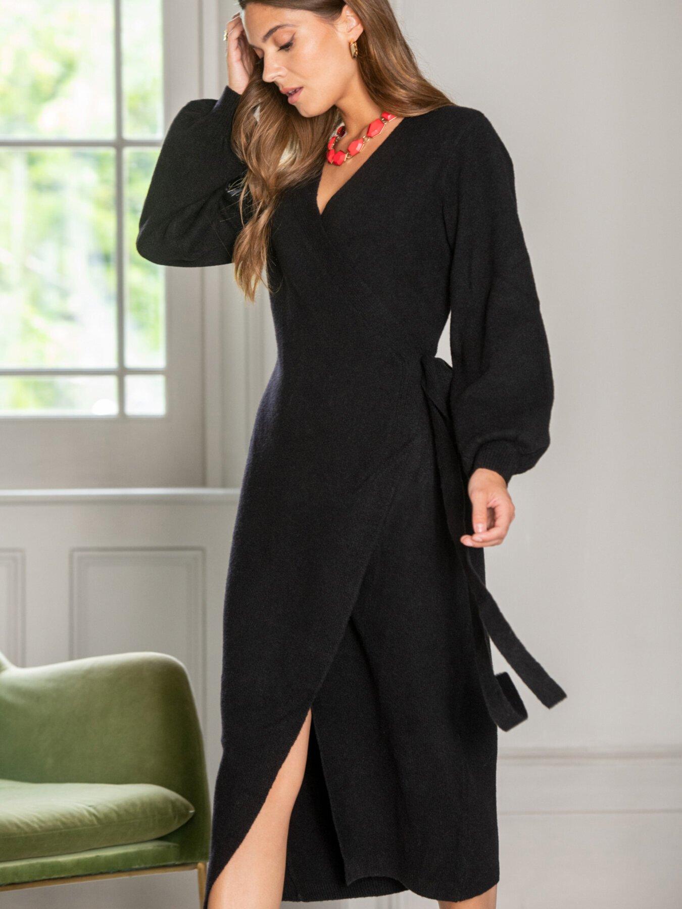 Black long sleeve outlet midi wrap dress