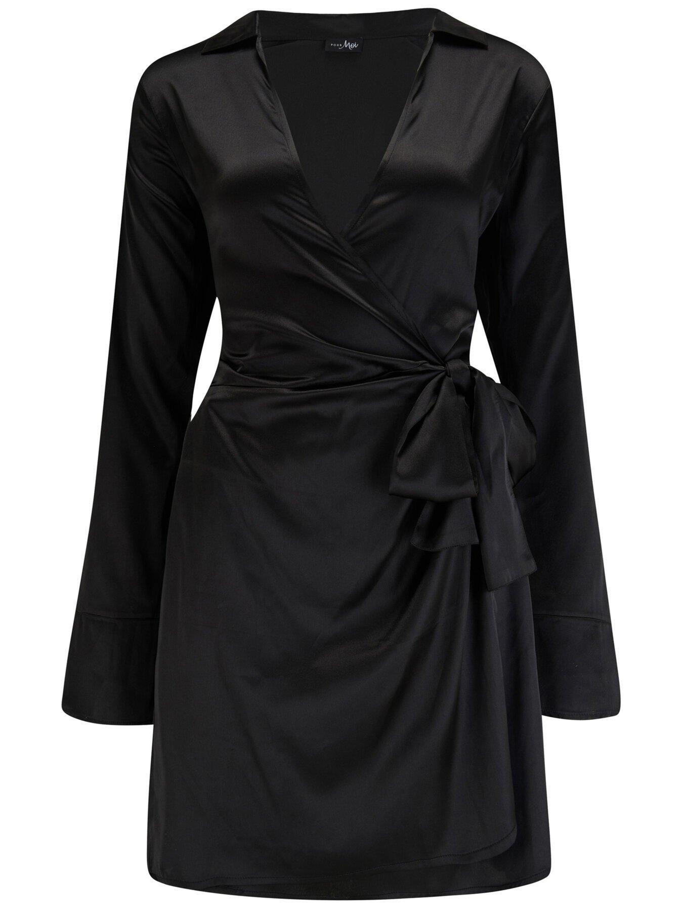 Louisa Satin Wrap Long Sleeve Short Dress Black