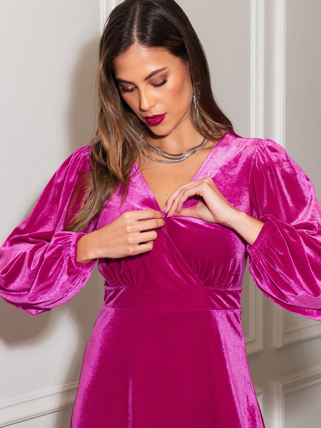 Charlotte Tie Back Stretch Velvet Long Sleeve Midi Dress Pink