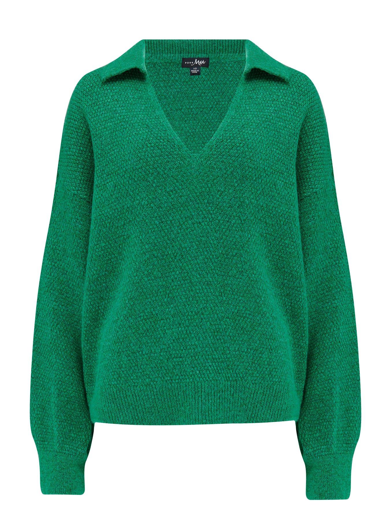 Image 3 of 4 of Pour Moi Kerry V-Neck Textured Knit Collared Jumper - Green