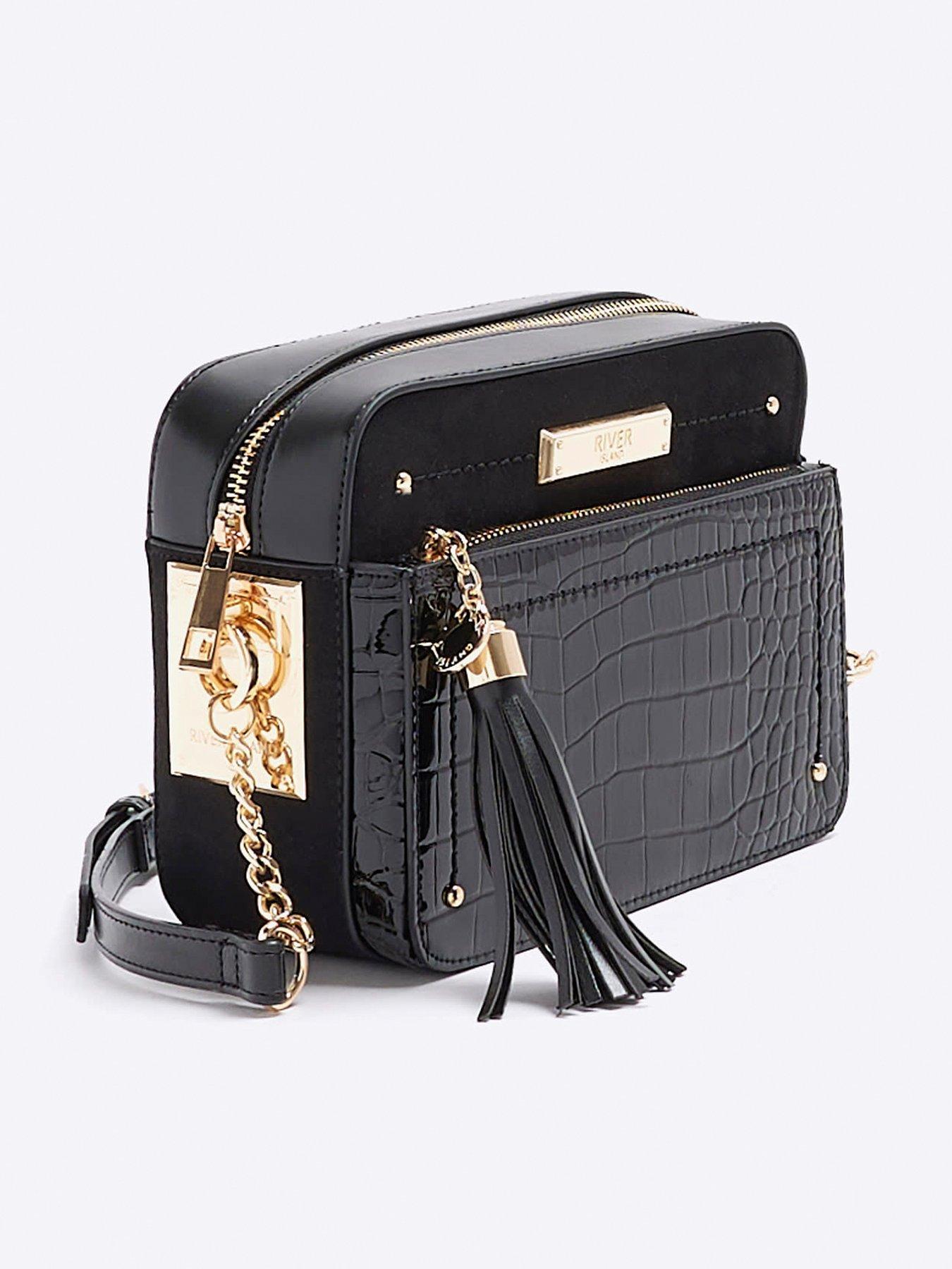 Black croc embossed store boxy cross body bag