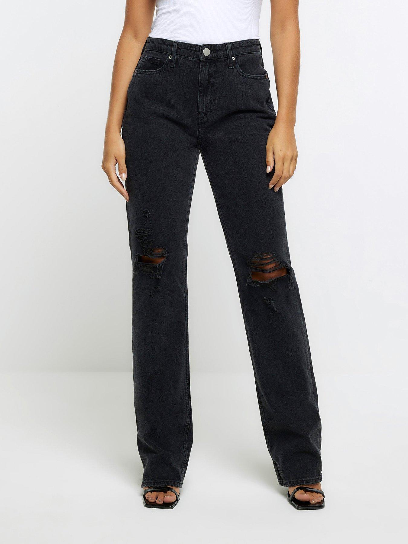 River Island Ripped High Waisted Straight Jeans Black Very